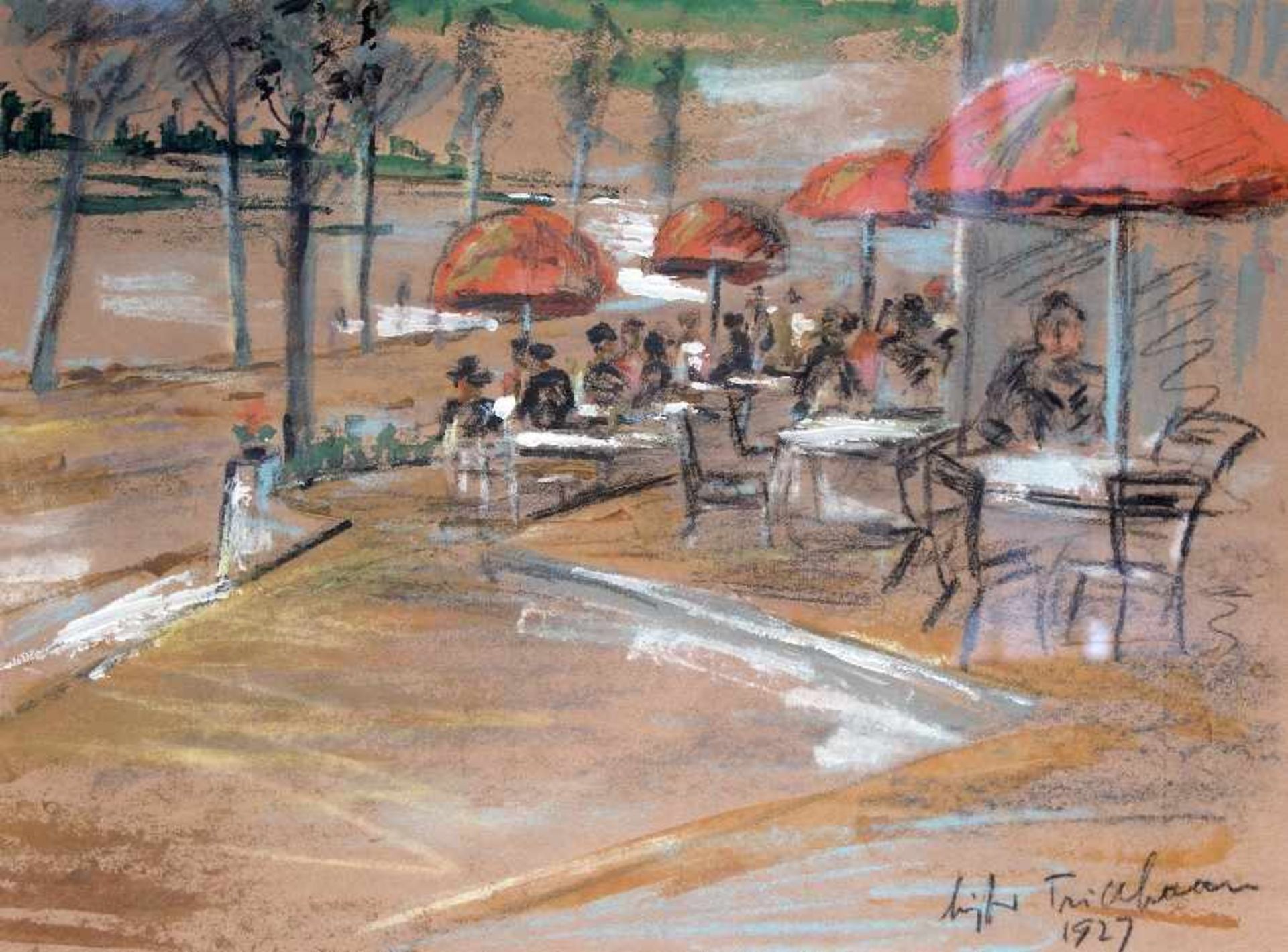 Siegfried Trillhaase1892 - 1960Café on the RhineColored chalks and gouache on paper; H 277 mm, W 378