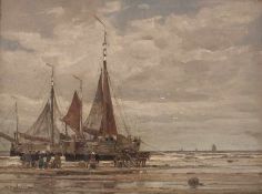 Wilhelm HambüchenDüsseldorf 1869 - 1939At the boats on the beachOil on canvas; H 60 cm, W 80 cm;