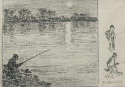 Max Clarenbach1880 Neuss - 1952 WittlaerAngler at sunsetCharcoal on paper; H 187 mm, W 264 mm (mount