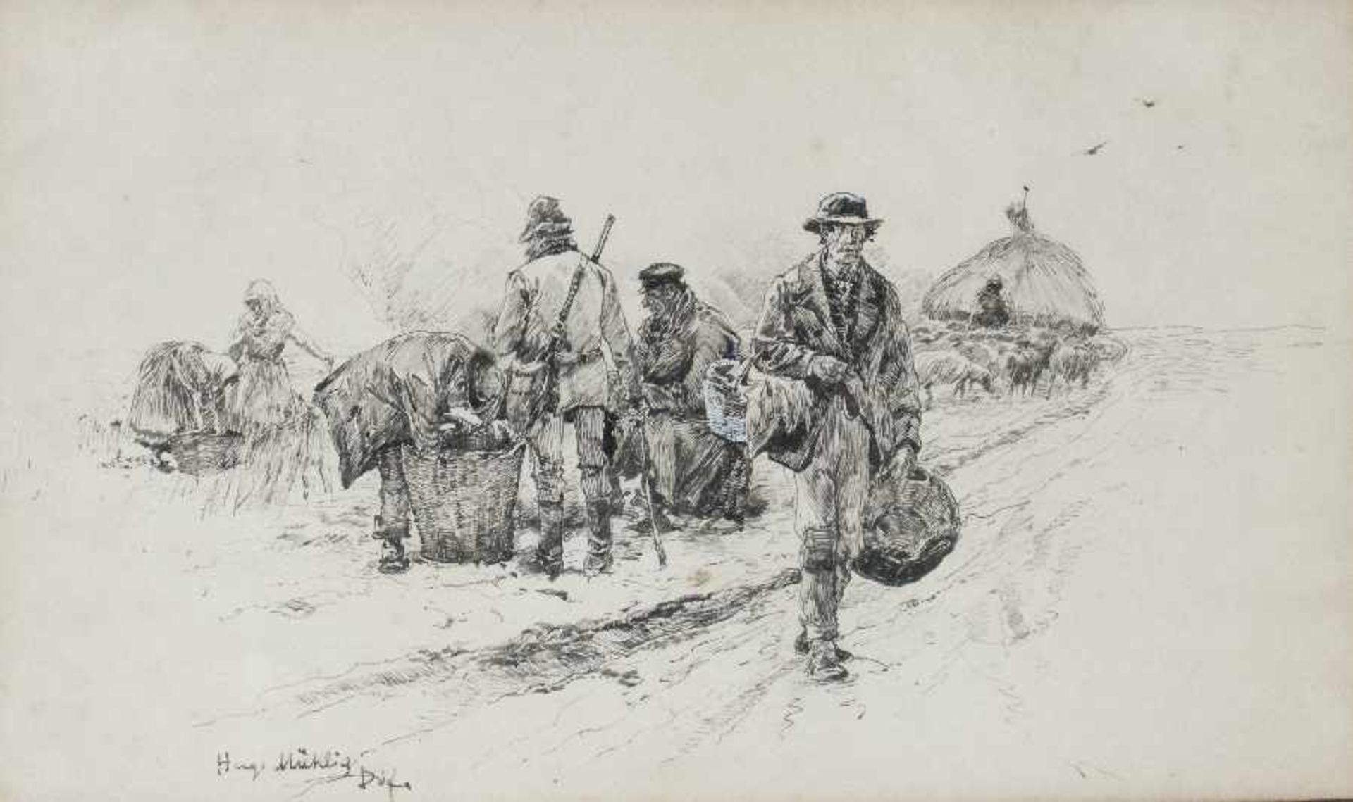 Hugo Mühlig1854 Dresden - 1929 DüsseldorfWay home from the fieldIndian ink on paper; H 113 mm, W 191