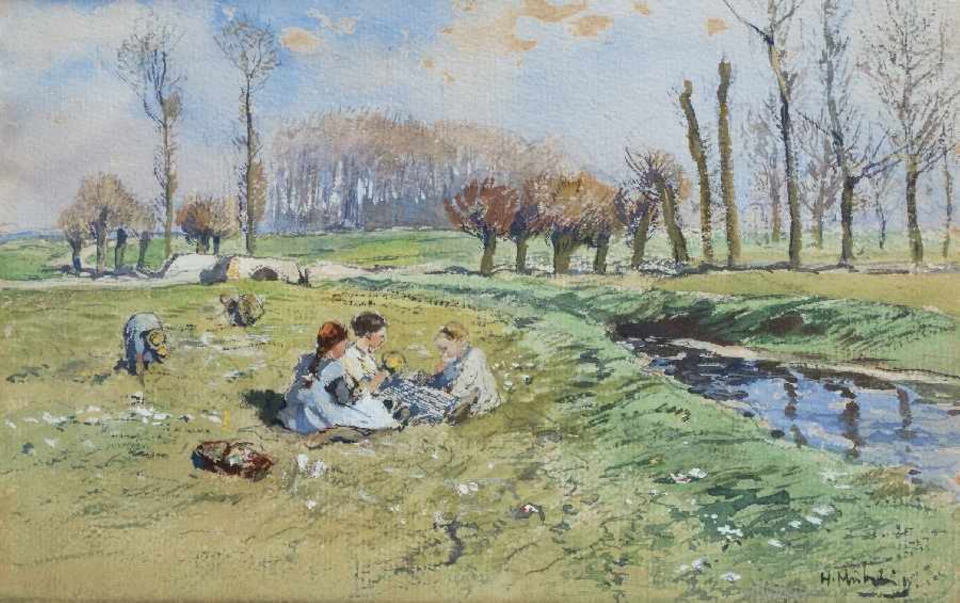 Hugo Mühlig1854 Dresden - 1929 DüsseldorfChildren at the creekWatercolor and gouache on paper; H 138