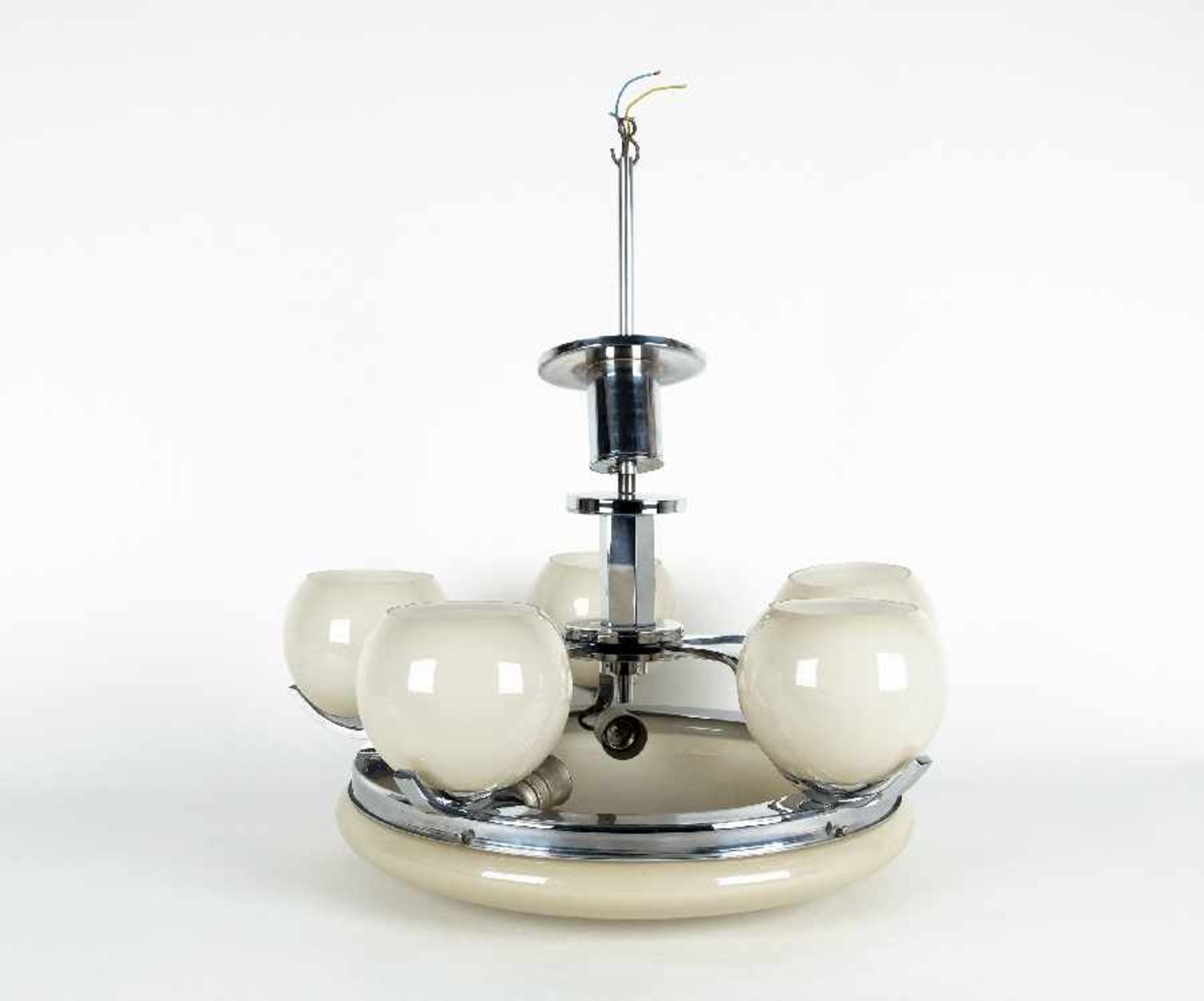 Art DecoCeiling lampMetal, chromed, glass; H 66 cm, diameter 57 cmArt DecoDeckenlampeMetall,