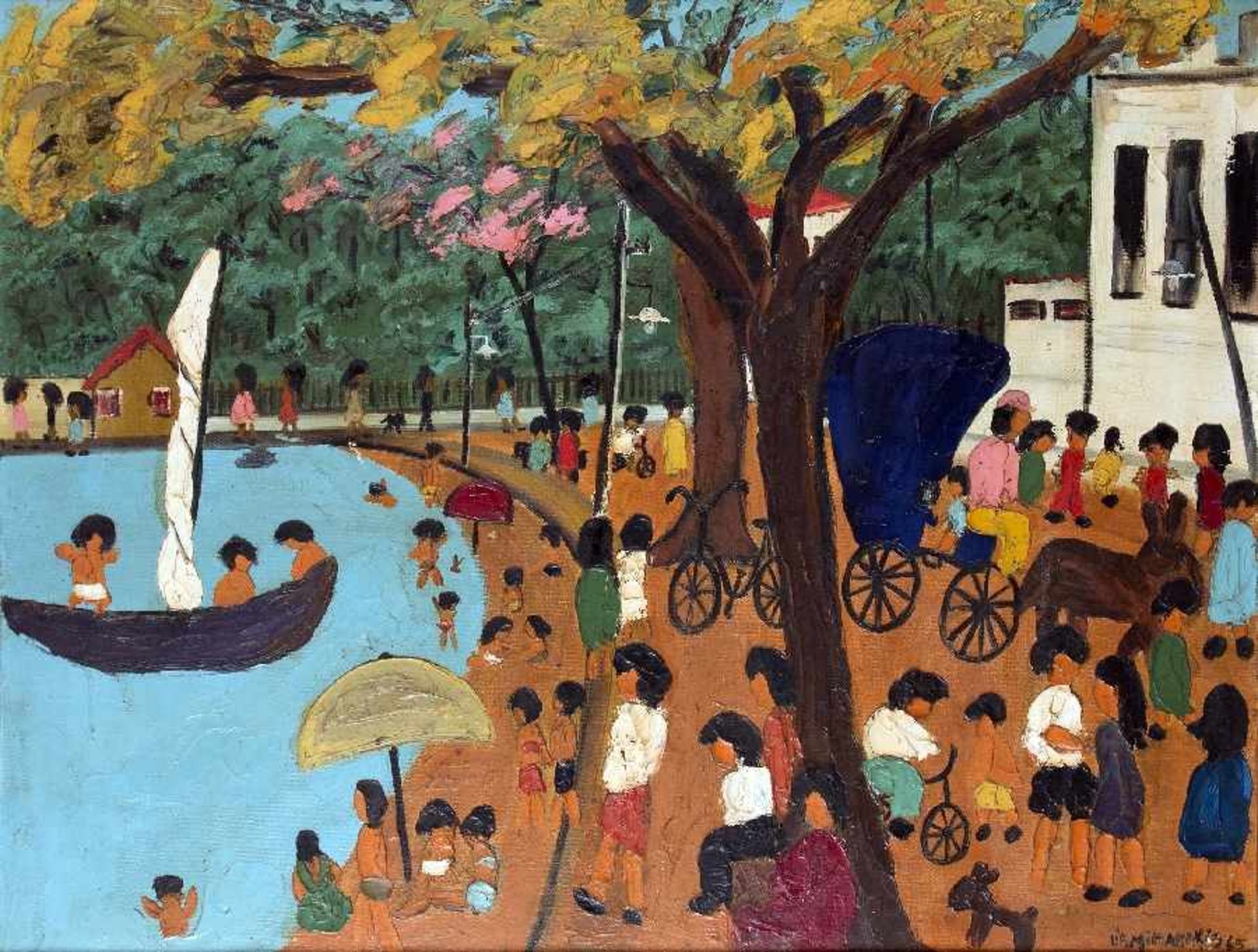 Lia Mittarakis1934 - 1998At the city beachOil on canvas, 1965; H 50 cm, W 65 cm; signed and dated