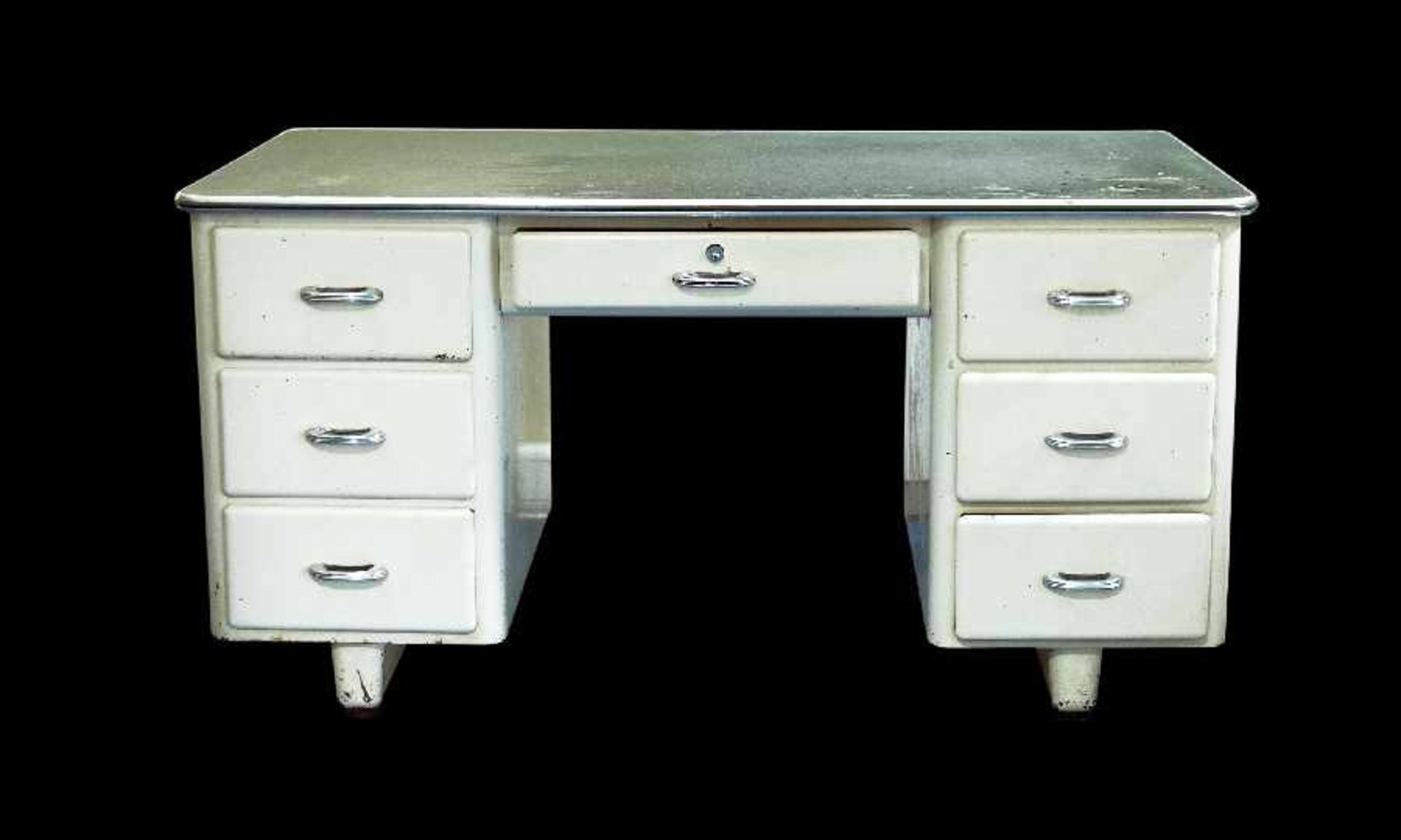 MaquetWriting deskSteel, painted, with linoleum top; H 80 cm, W 151 cm, D 76 cm; damaged tabletop;