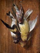 Paul Lacroix ?1827 - 1869Trompe l'oeil (Songbirds in front of wooden wall)Oil on wood; H 24 cm, W 19
