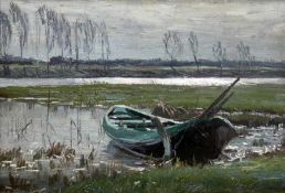 Arthur Wansleben1861 - 1917Boat in the meadowsOil on canvas over cardboard; H 31 cm, W 44 cm; signed