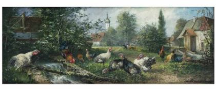 Julius Scheuerer1859 München - 1913 PlaneggPoultry in front of the farmOil on wood; H 13 cm, W 36