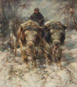 Georg Wolf1882 Niederhausbergen - 1962 UelzenWith the oxen in the snowOil on canvas over