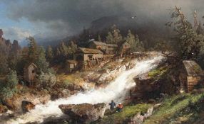 Hermann Ottomar Herzog1832 - 1932At the mountain streamOil on wood; H 22.5 cm, W 37 cm; signed lower
