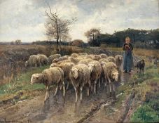 Jef Louis van Leemputten1865 - 1948Shepherdess at the herdOil on canvas; H 32.5 cm, W 43.5 cm;