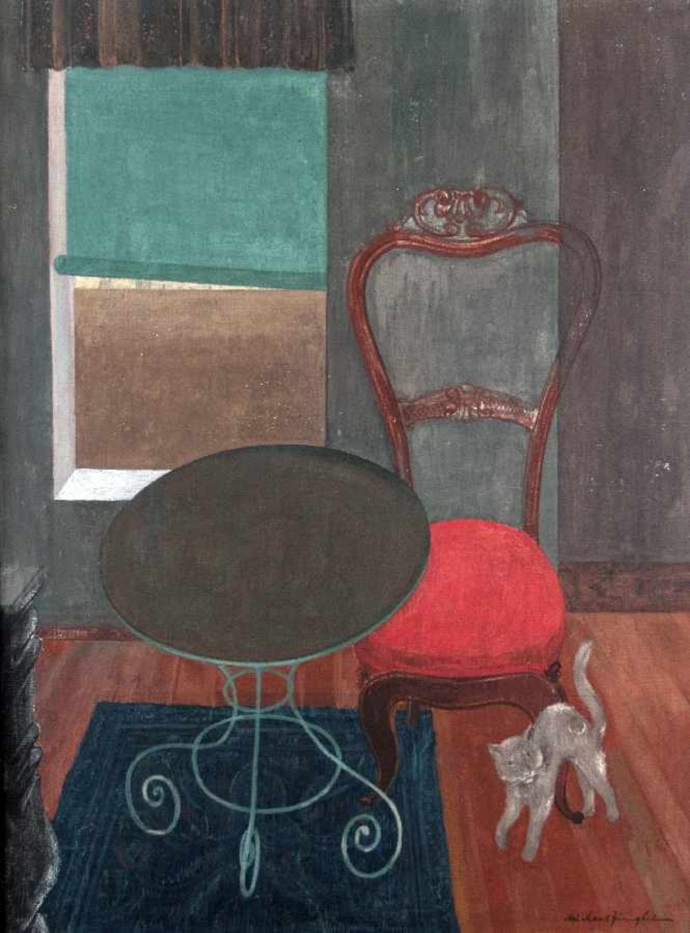 Michael JungheimDüsseldorf 1896 - 1970 ebendaInterior with catOil on canvas; H 69 cm, W 53.5 cm;