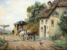 Karl Rohrhirsch1875 München - 1954 GredingTwo-horse stagecoachOil on wood; H 14 cm, W 18 cm;