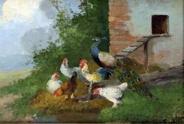 Eugen Frank-ColonPainter of the 19th/20th centuryPeacock and chickens at the stableOil on wood; H