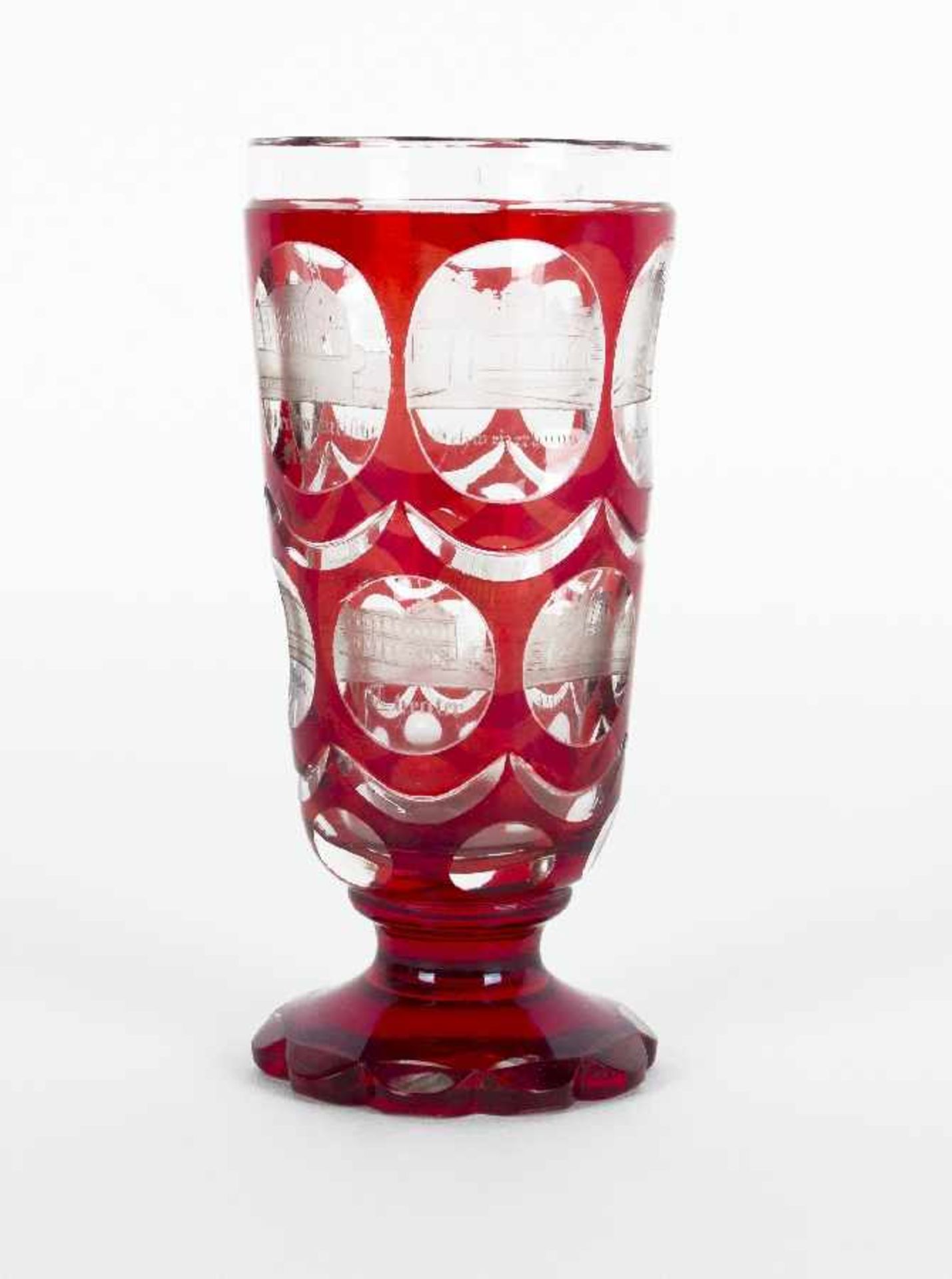 Bohemia, 19th centuryBathhouse glasCrystal glass, overlaid with red glass and cut with architectural