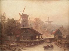 Felix Kreutzer1835 Düsseldorf - 1876 ebendaEvening at the windmillOil on wood; H 19 cm, W 25 cm;