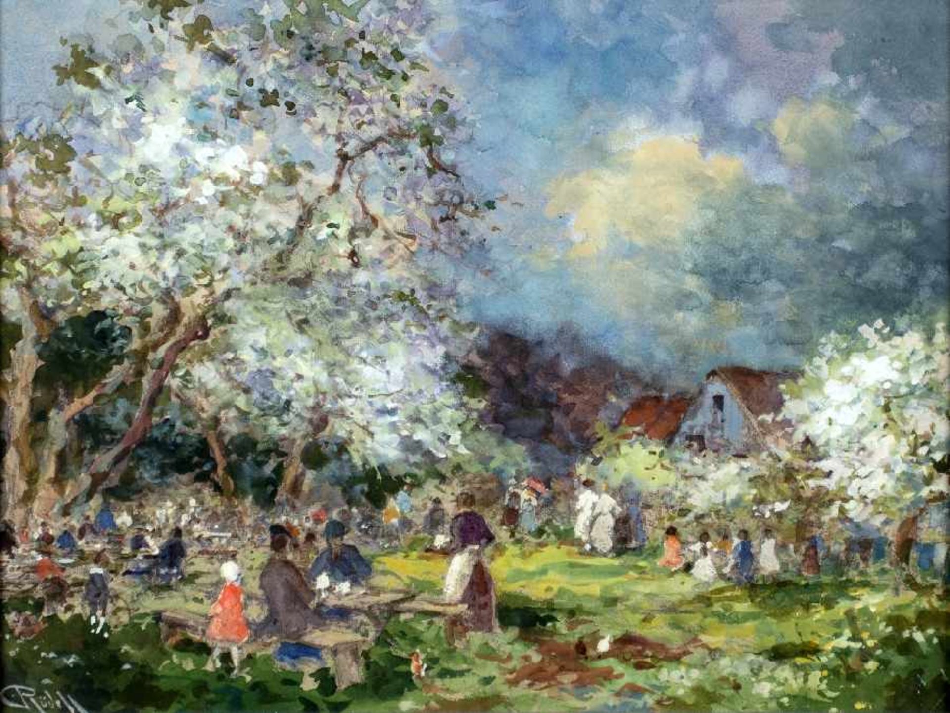 Carl Rüdell1855 Trier - 1939 KölnBeer garden under flowering treesGouache and watercolor on paper; H