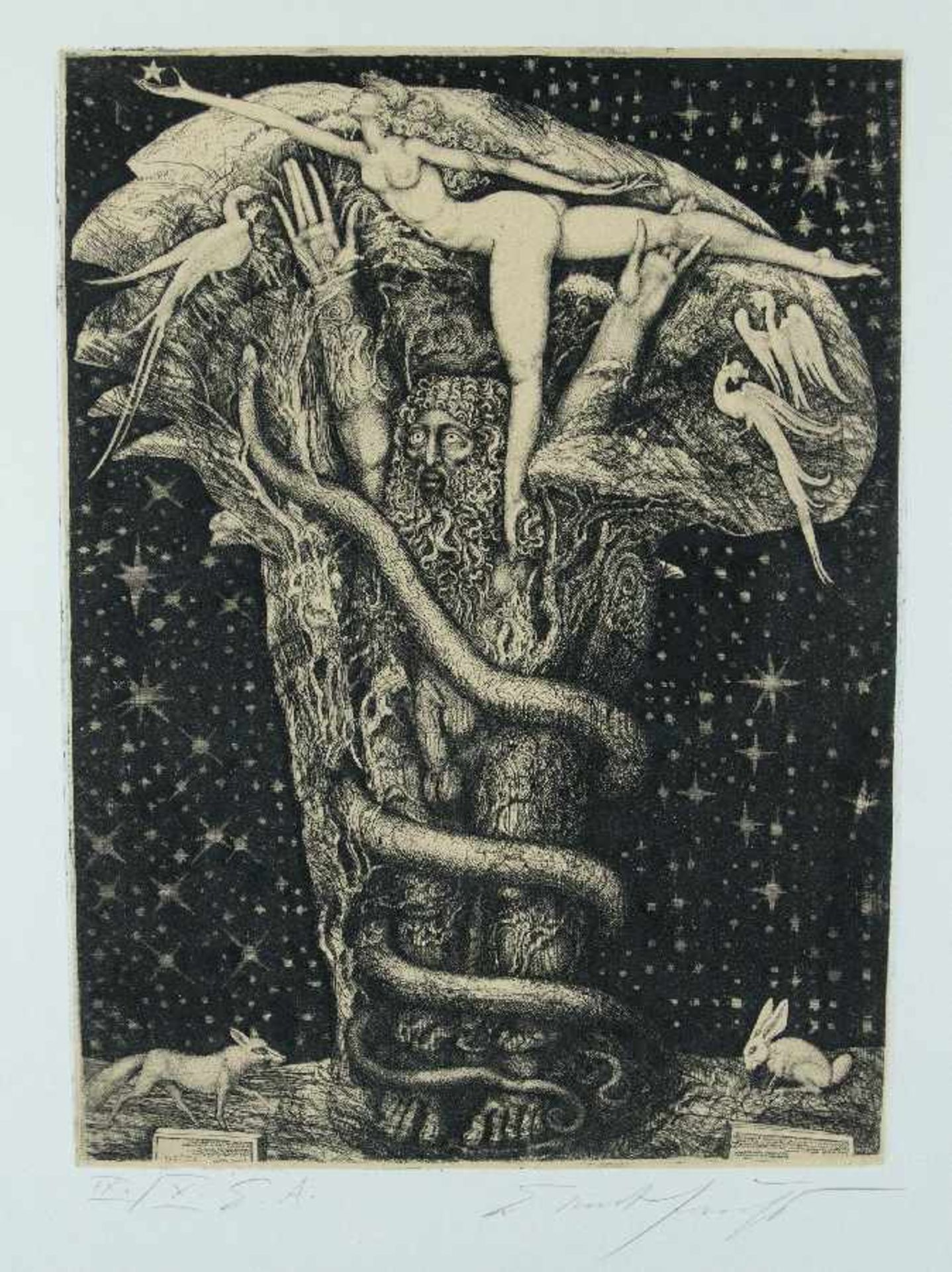 Ernst FuchsWien 1930 - 2015Daphne in Eva MysticaEtching on paper; H 400 mm, W 290 mm; signed lower