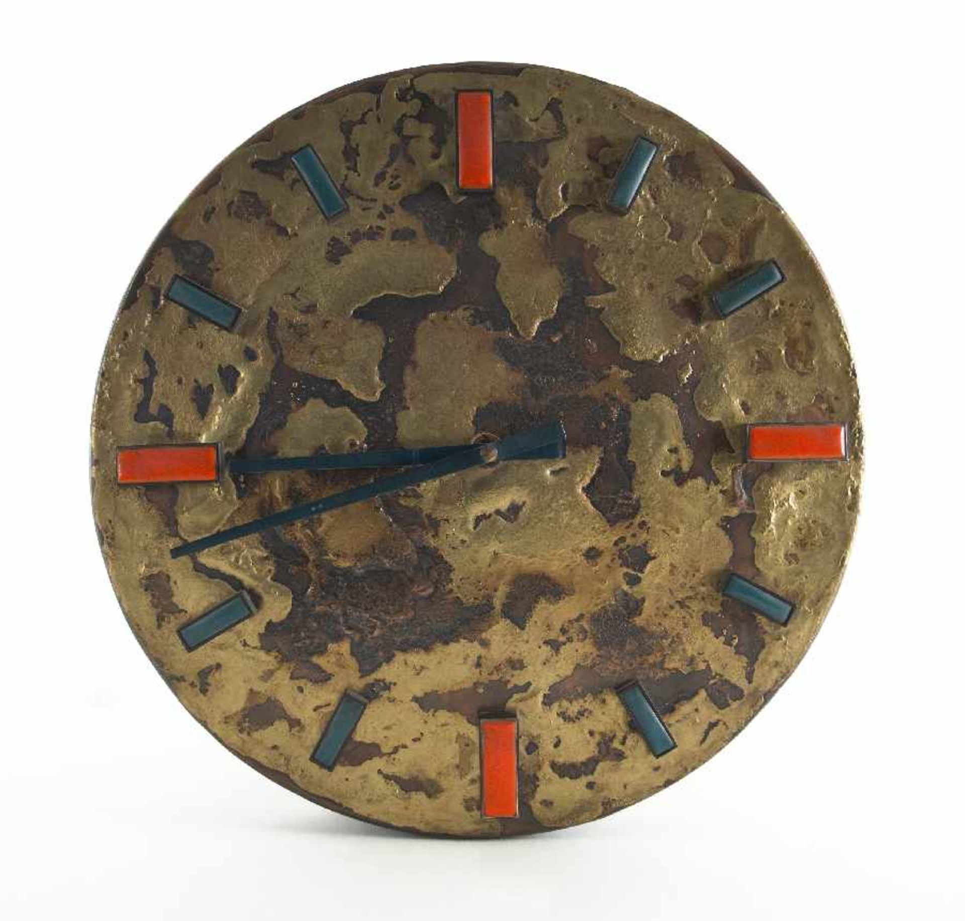 Hubert TeschladeMünster 1921 - 2014Wall clockCopper, brass enamel figures, lacquered metal hands;
