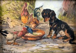 Adolf Lins1856 Kassel - 1927 DüsseldorfDachshund and poultryWatercolor on paper; H 105 mm, W 150 mm;