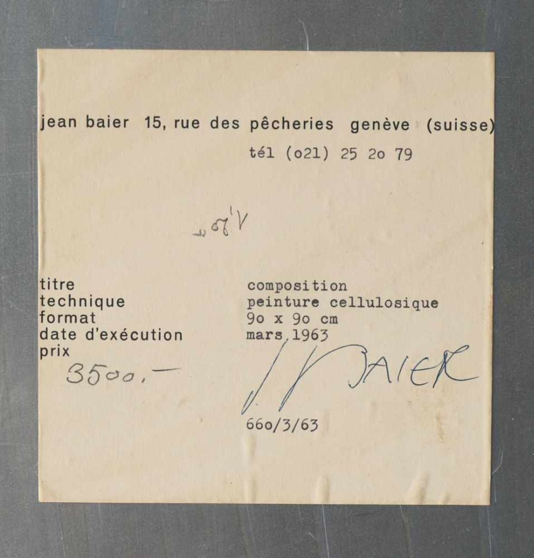 Jean Baier, (1932-1999)1963Composition. 1963. Lack auf Metall. 90 x 90 cm. Rückseitig mit - Bild 2 aus 3
