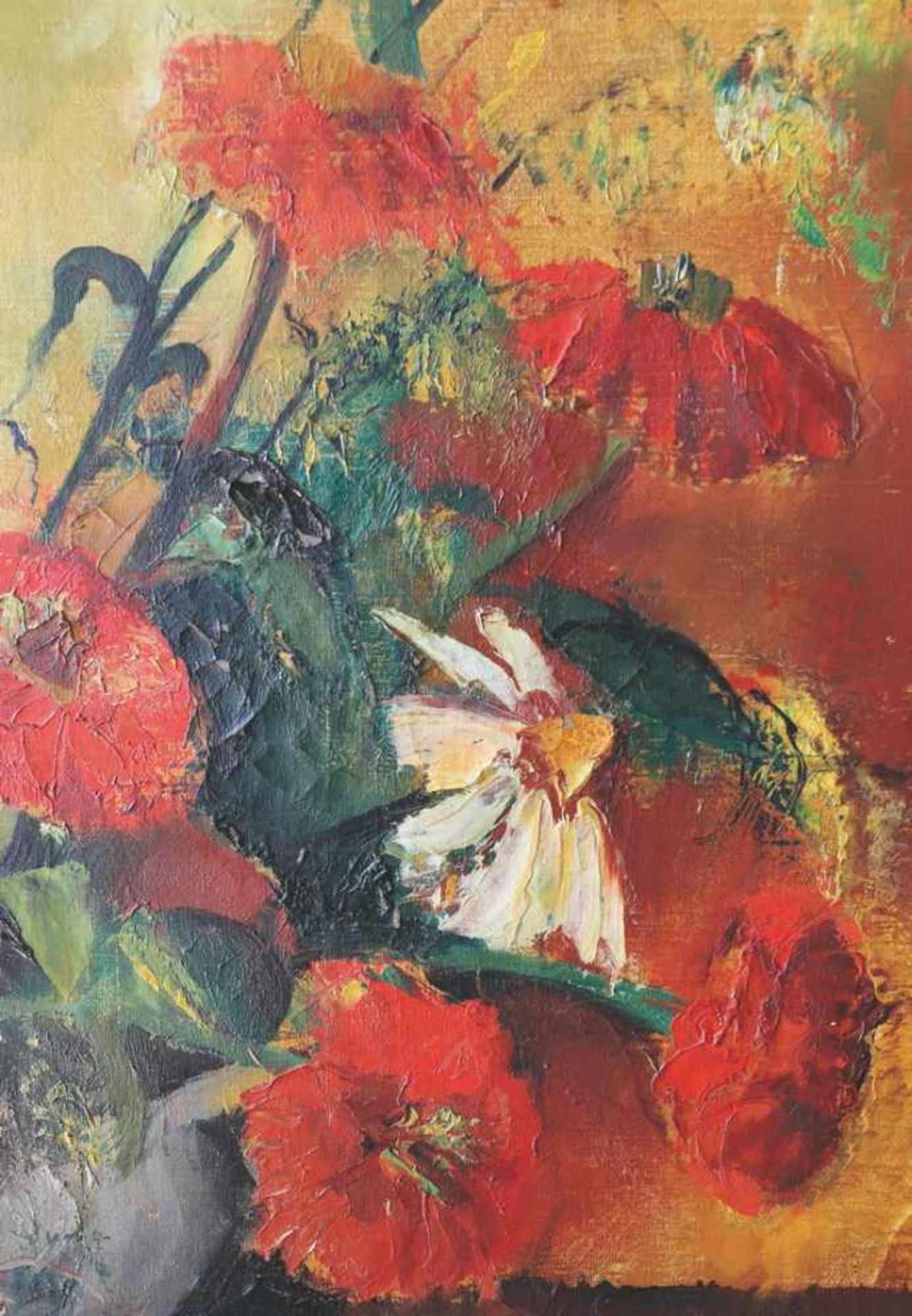 Wolf Röhricht, (1886-1953)Stillleben mit Sonnenblumen und Zinnien vor orangefarbenem Hintergrund. Öl - Image 3 of 3
