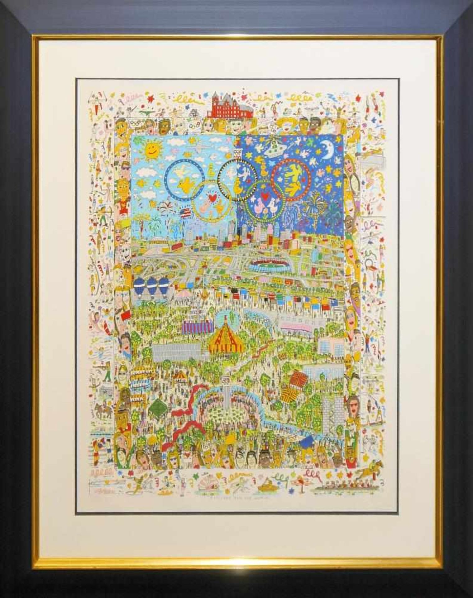 James Rizzi, “A village for the world”, große 3 – D Farblithographie von 1996, sign., Galerierahmung