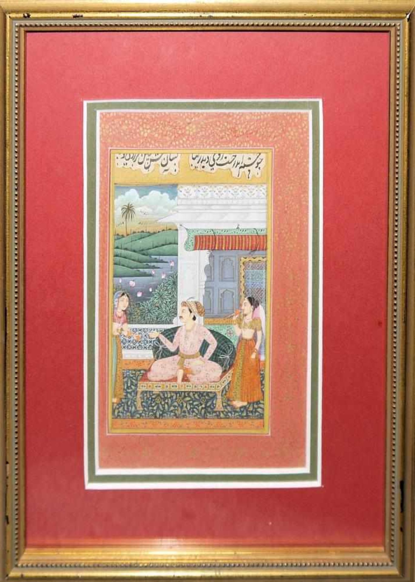 2 Palast-Szenen, indische Miniaturmalereien im Moghul-Stil, 20. Jh., gerahmt Adliger mit