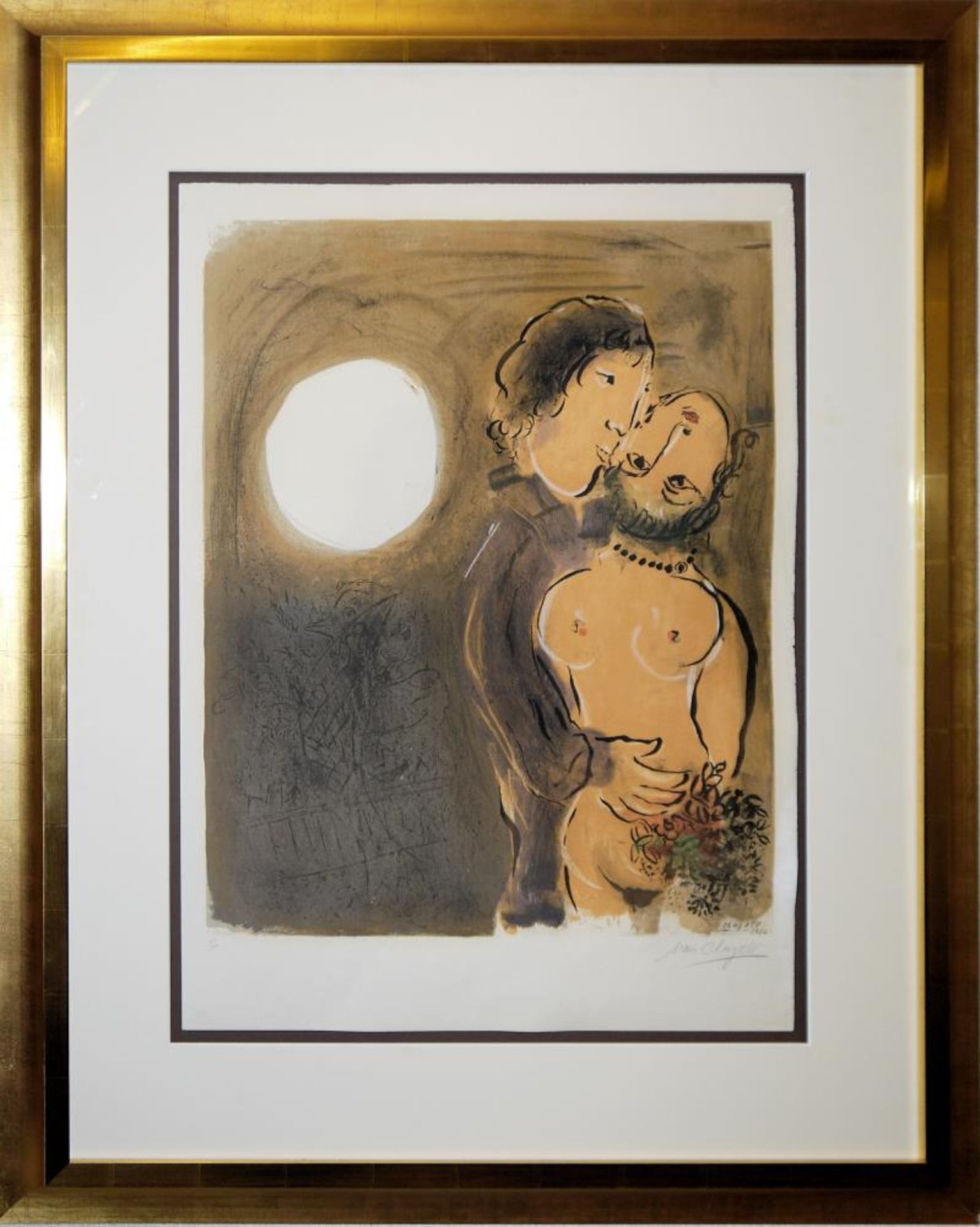 Marc Chagall, „Couple en ochre“, sign. Farblithographie, 1952, aufwändige Rahmung mit Museumsglas