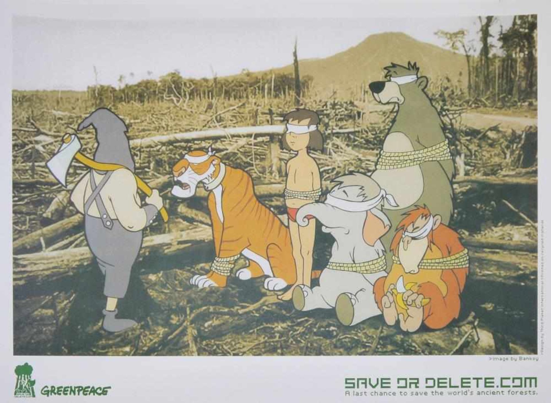 Banksy, „Save or delete.com“, Farboffset, Poster für Greenpeace 2002 & 2x 10-Pfund-Note mit Portrait - Bild 3 aus 3