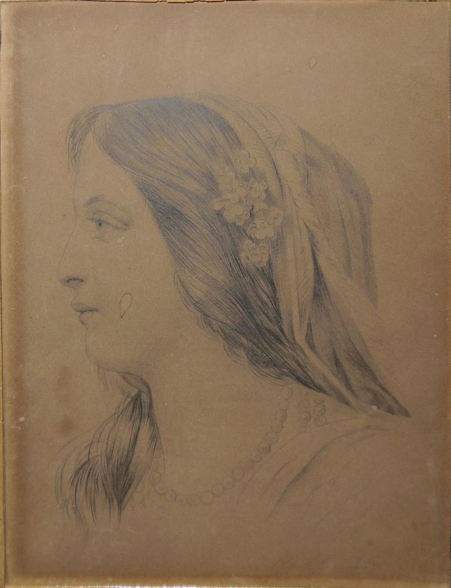 Moritz von Schwind, Frauenbildnis nach links, Bleistiftzeichnung von 1847, im Originalrahmen & - Bild 3 aus 5