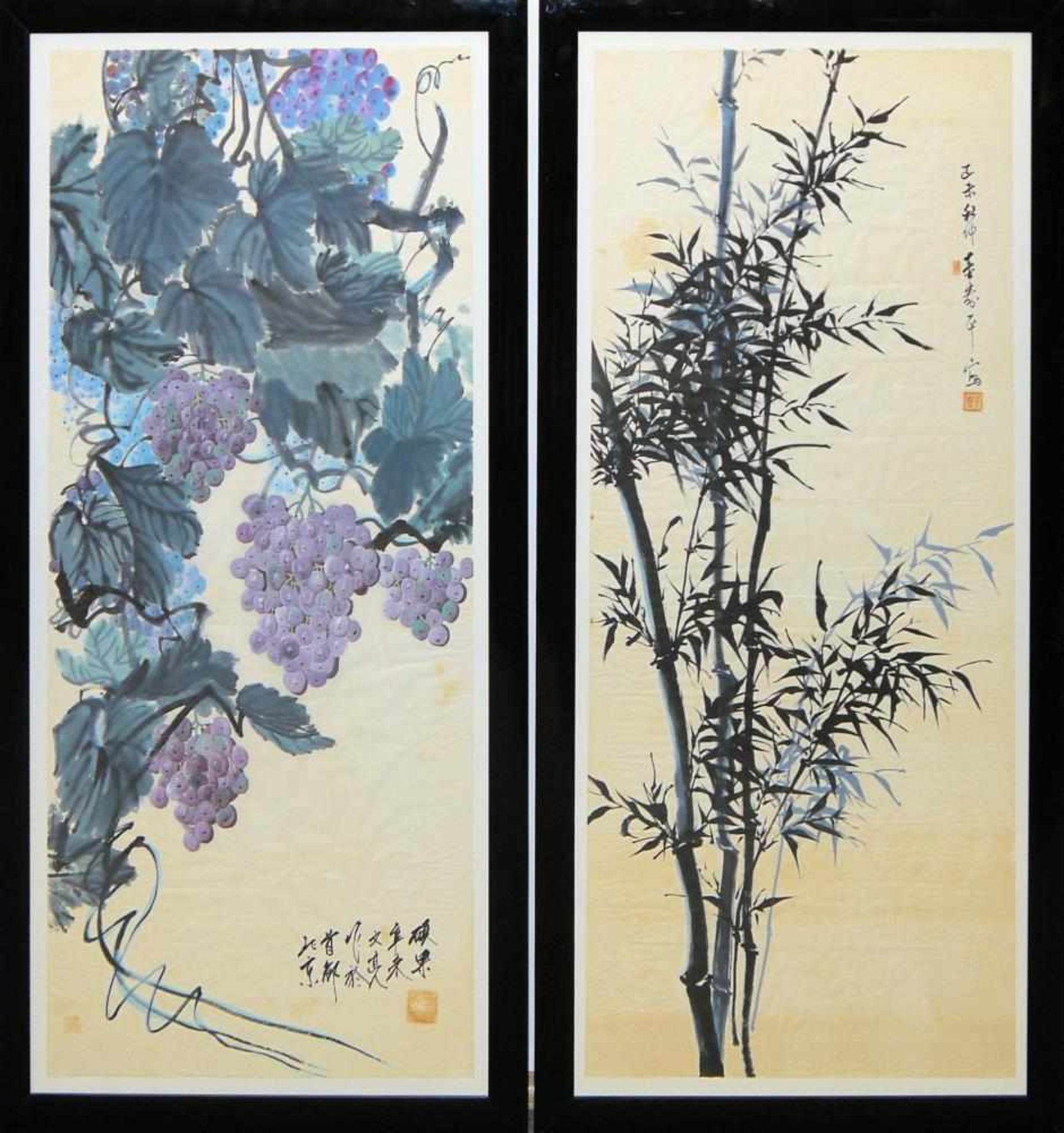Bambus und Trauben, zwei Tuschemalereien, China 20. Jh. Bambusstaude und Weinlaub mit
