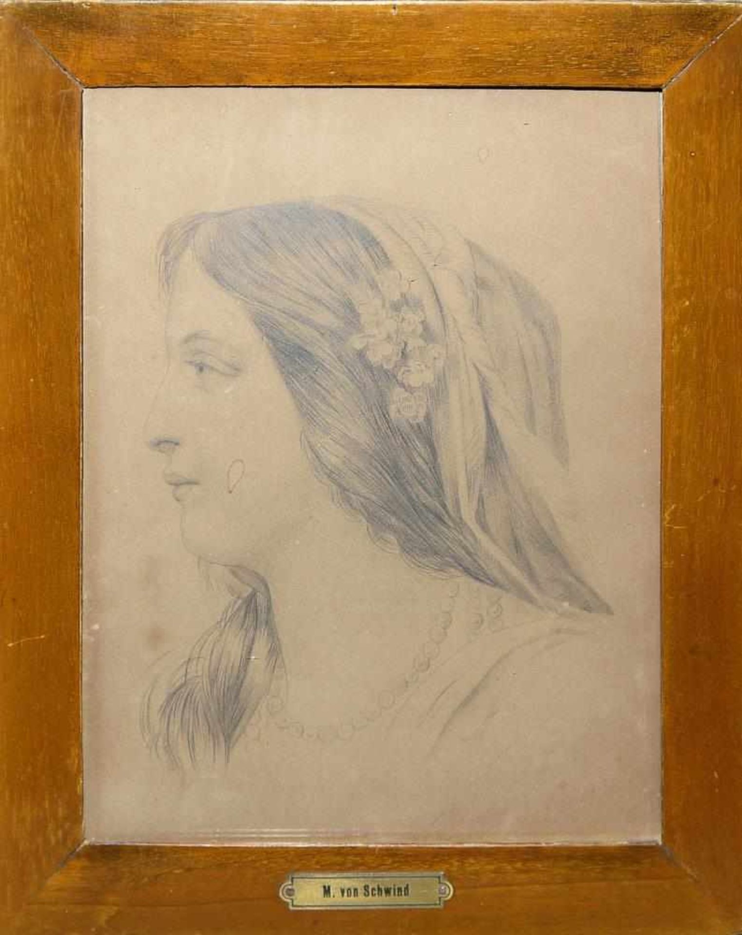 Moritz von Schwind, Frauenbildnis nach links, Bleistiftzeichnung von 1847, im Originalrahmen &