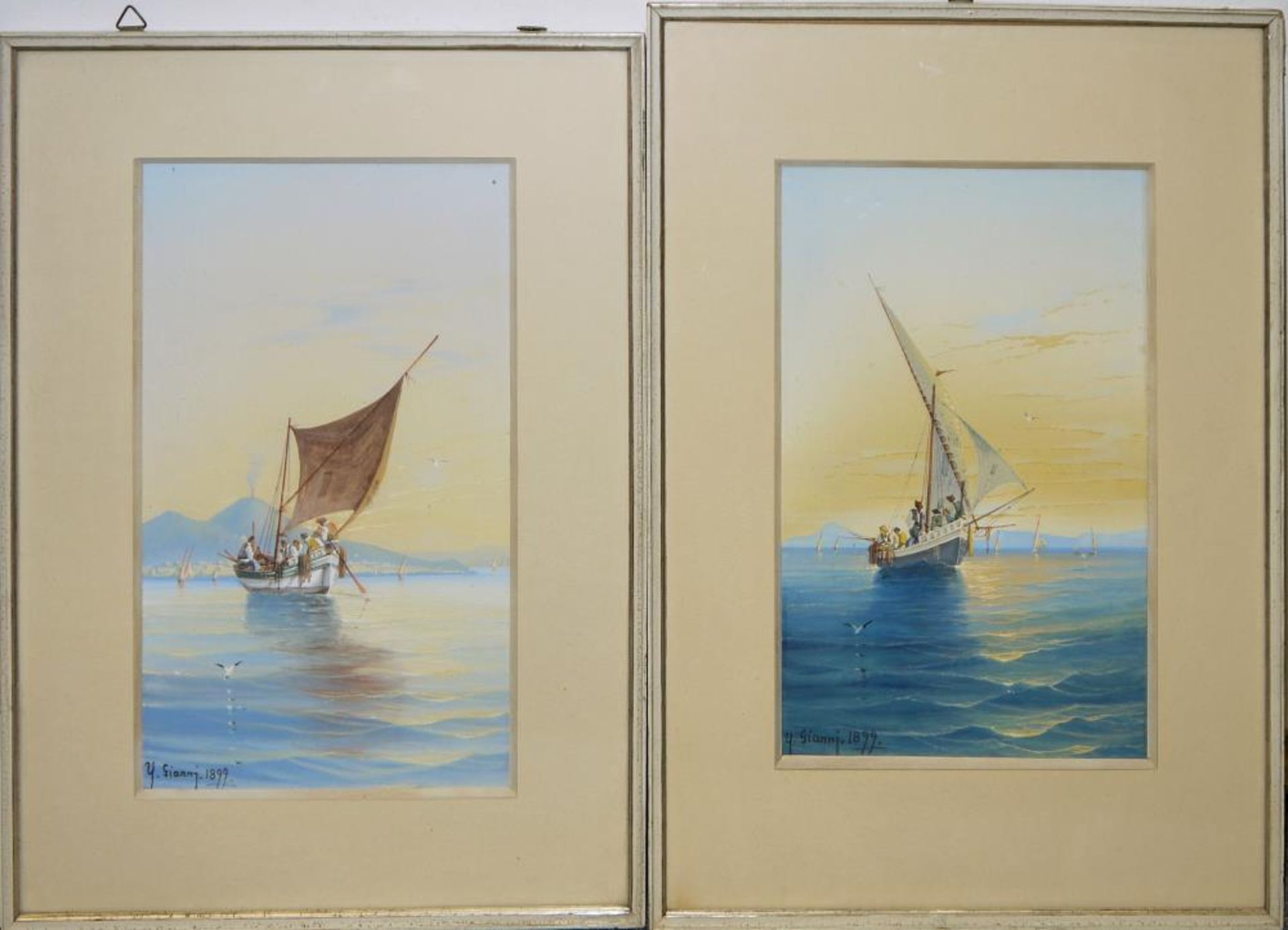 Y. Gianni, Fischerboote im Golf von Neapel (Napoli), 2 Gouachen von 1899, gerahmt Y. Gianni,