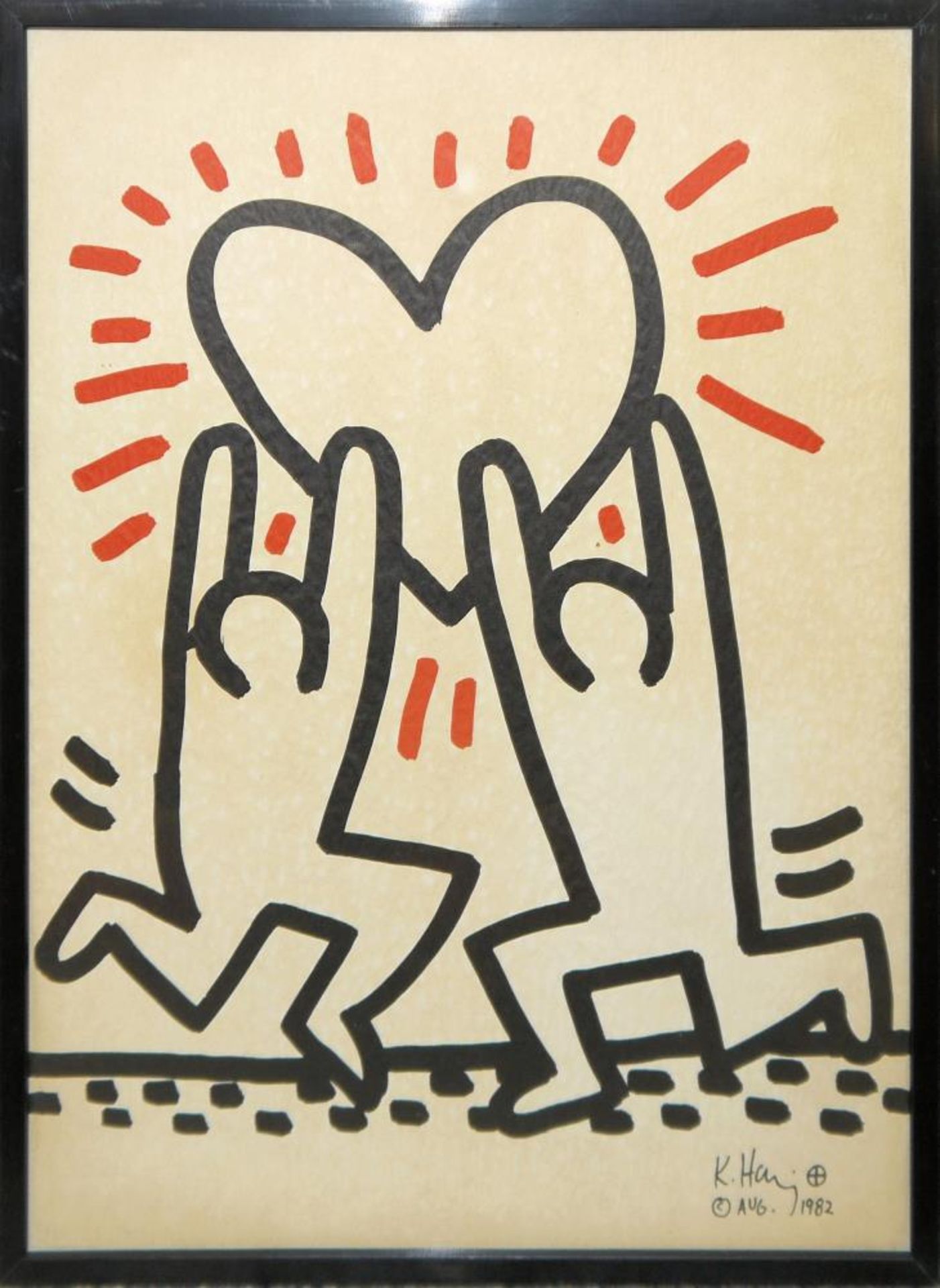 Keith Haring, Zwei Figuren tragen ein Herz, Farboffset von 1982, gerahmt Keith Haring, 1958 –