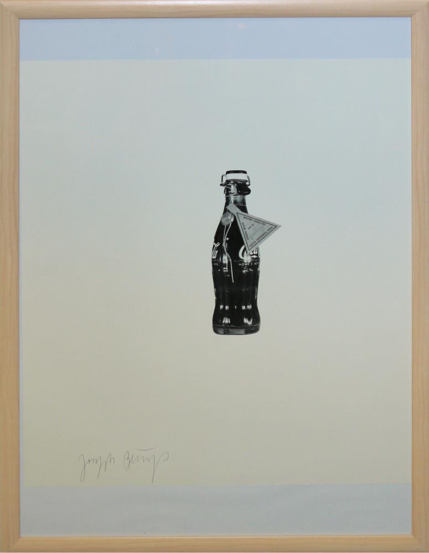 Joseph Beuys, “Bruno Corà-Tee”, plombierte Coca Cola–Flasche mit Kräutertee, handsign. Offset,