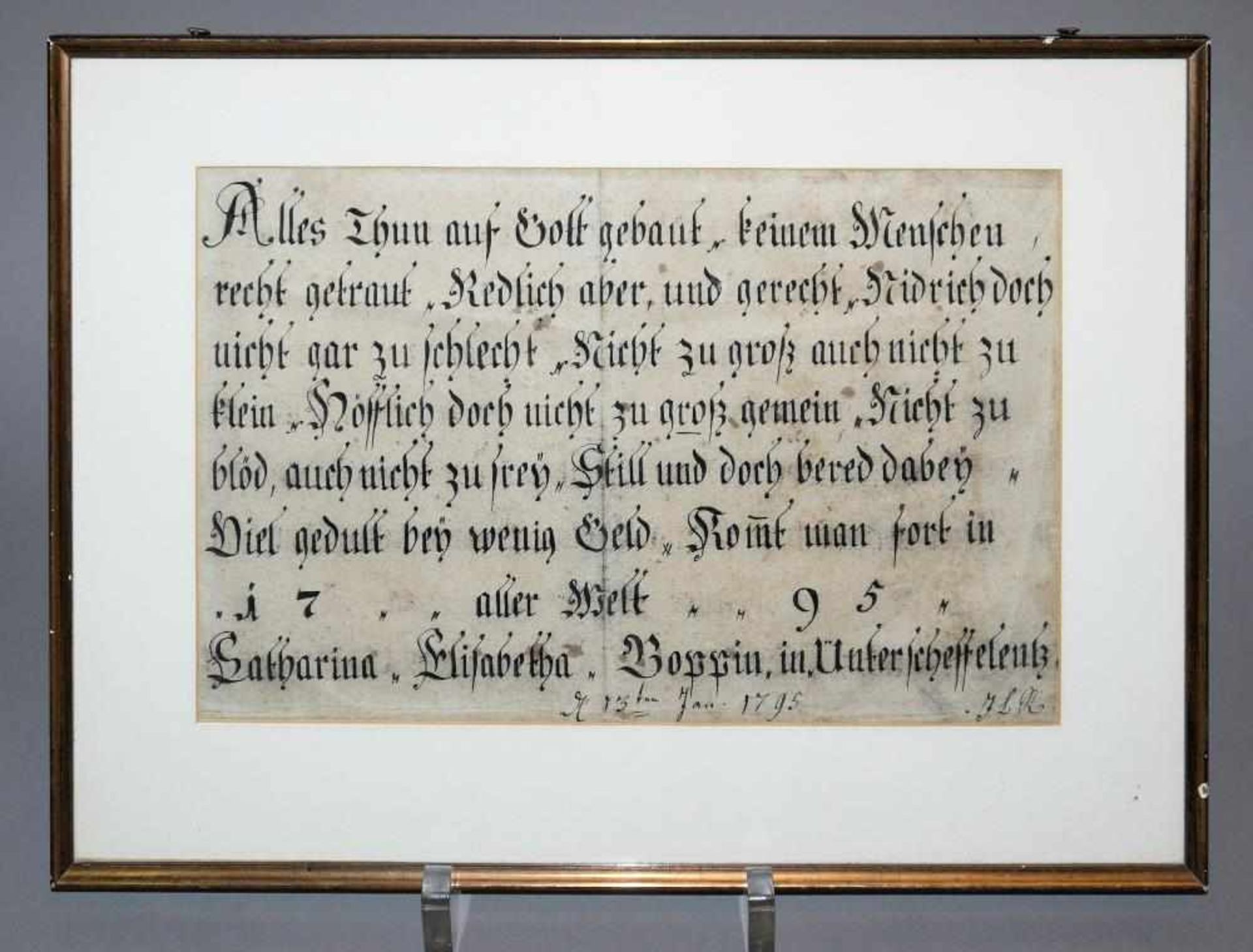 Handgeschriebener Sinnspruch der „Catharina Elisabetha Boppin in Unterscheffelenz“ von 1795, gerahmt