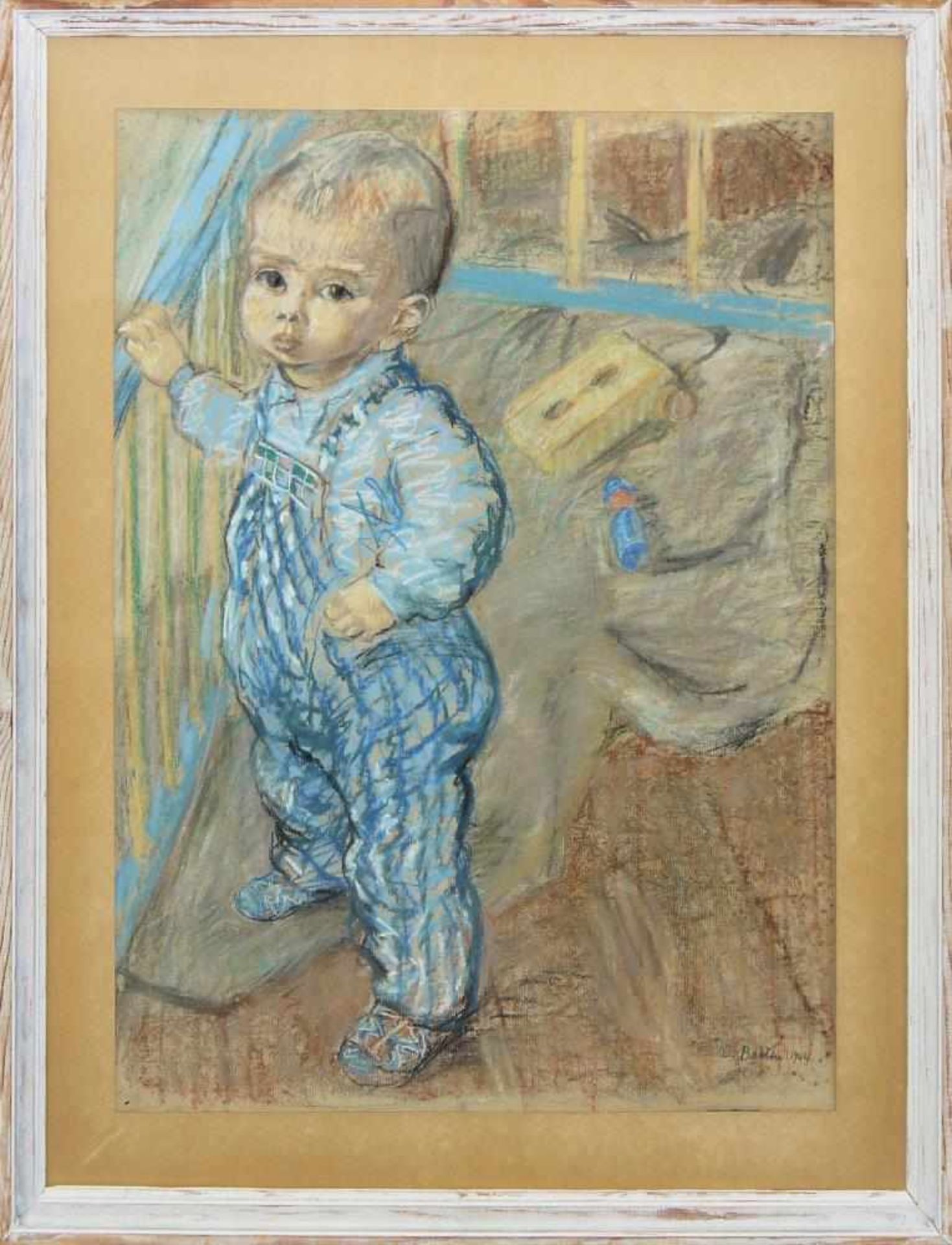 Louis Bastin, Knabe im Laufstall, Pastell von 1944 Louis Bastin, 1912 – 1979, schwedischer Künstler,