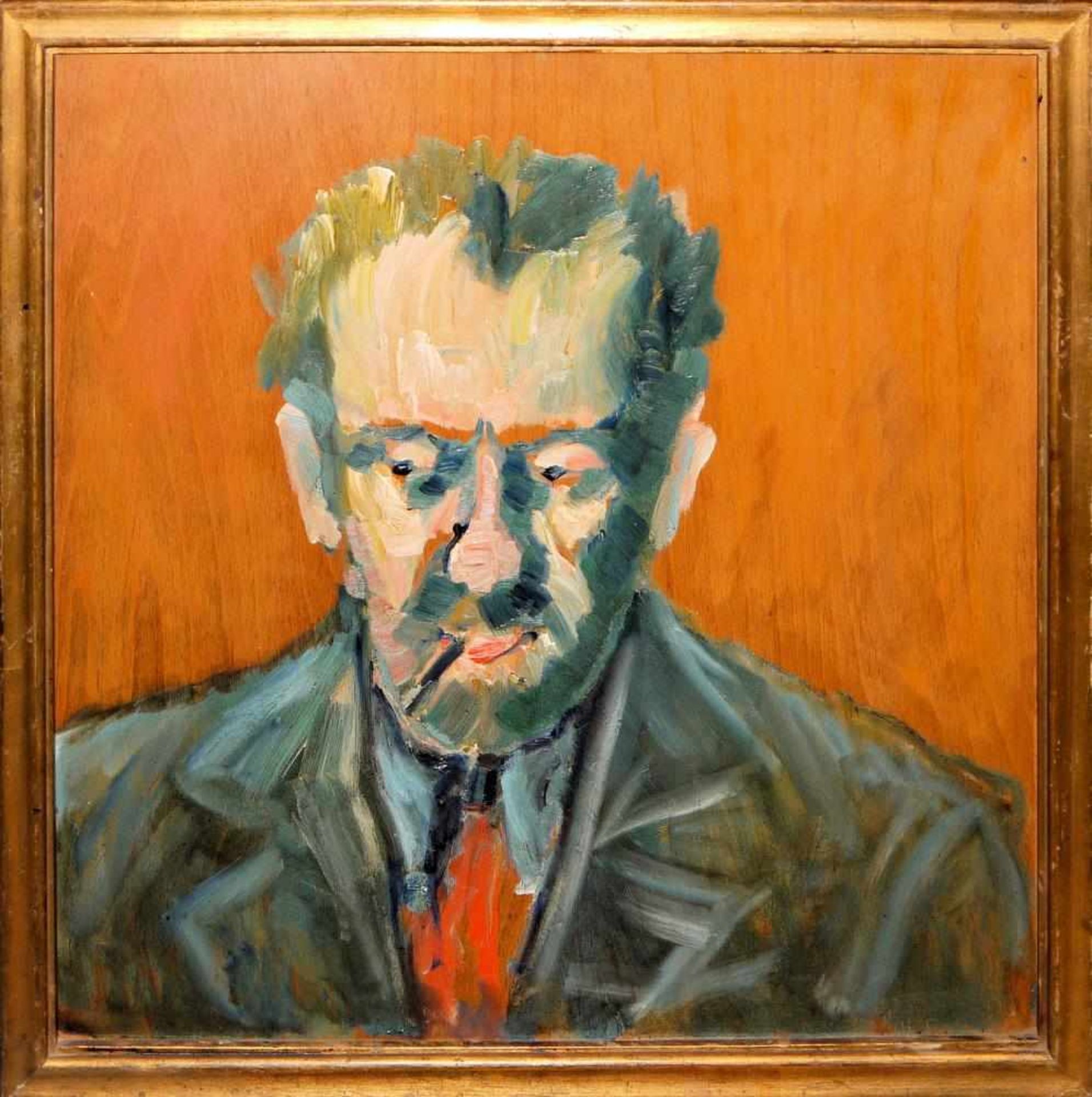 Anonymer Expressionist, Ausdrucksstarkes Portrait eines bärtigen Mannes mit Zigarillo, Ölgemälde,