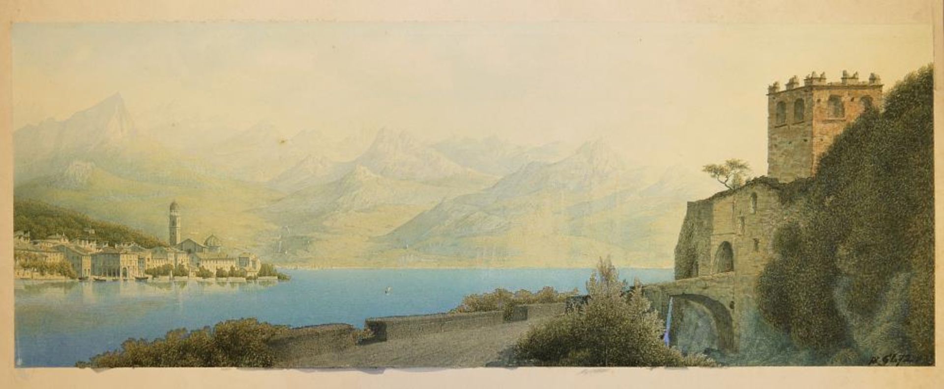 Meister-Aquarellist GL, Italienisches Dorf am Comer See, Aquarell von 1872, o. Rahmen Monogrammist