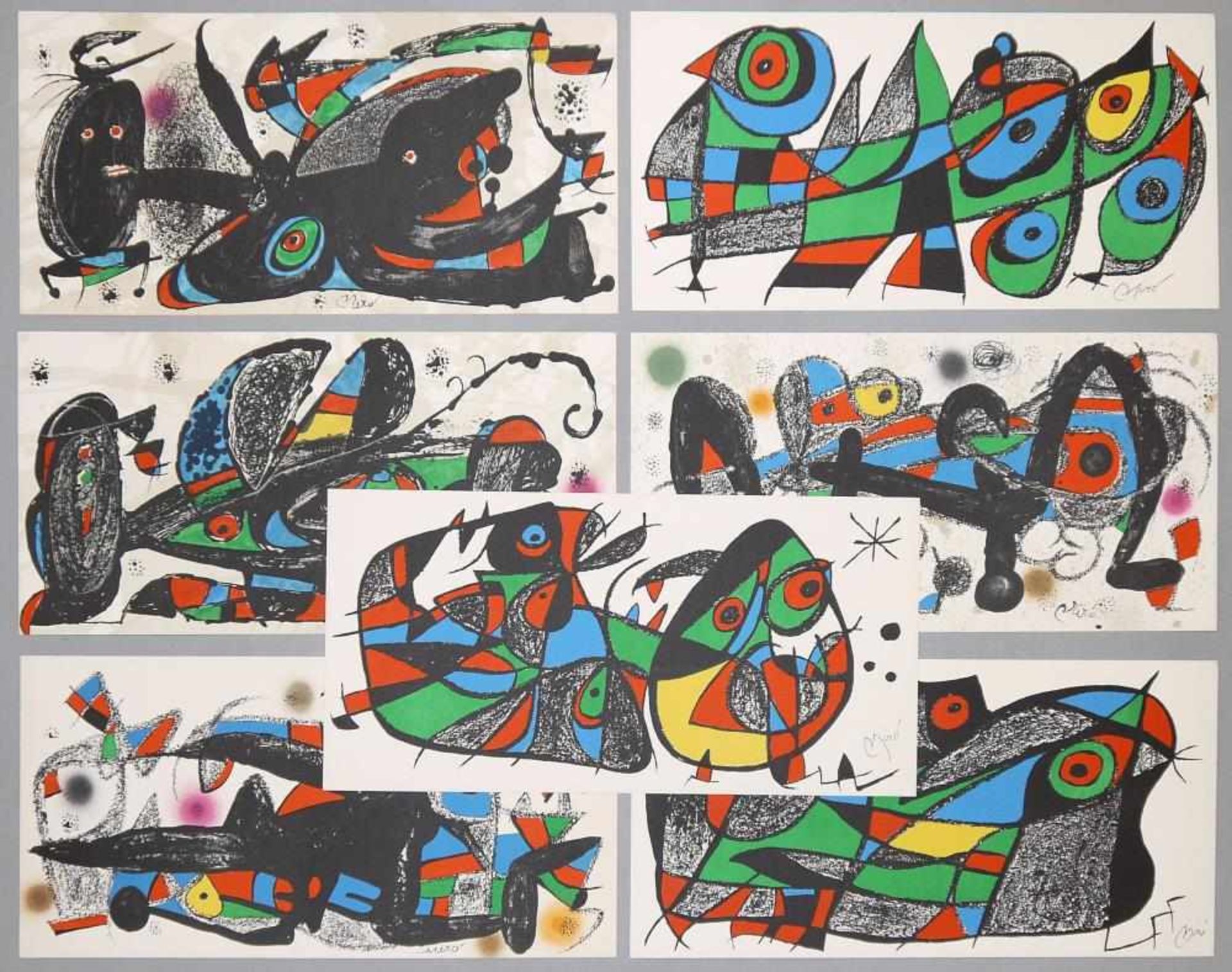 Joan Miró, „Miro Escultor”, komplette Serie mit allen 7 Länder–Blätter, Farblithographien von 1974