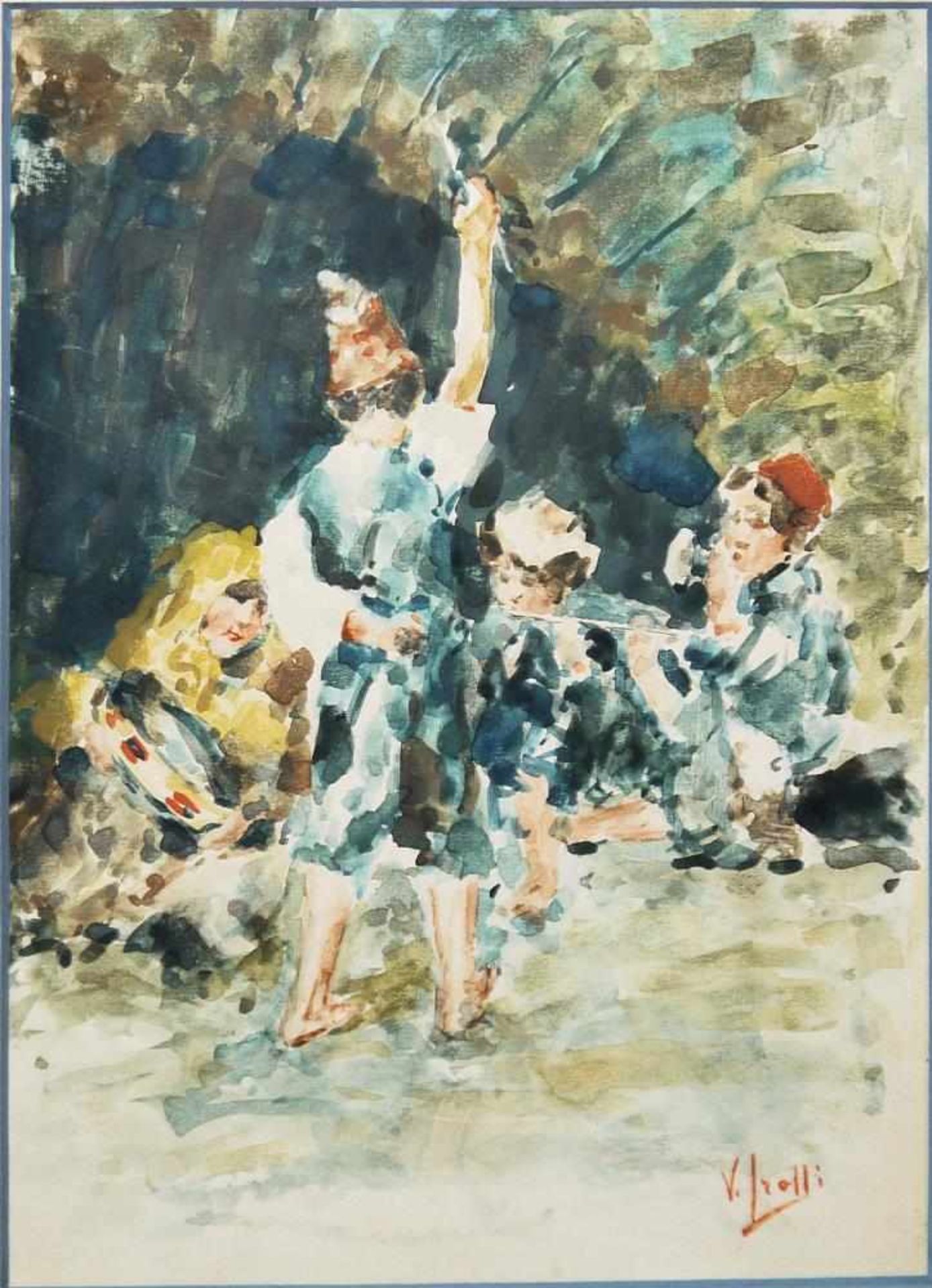 Vincenzo Irolli, Kinder beim Musizieren, Aquarell, Unikatrahmen Vincenzo Irolli, 1860 – Neapel – - Image 2 of 2