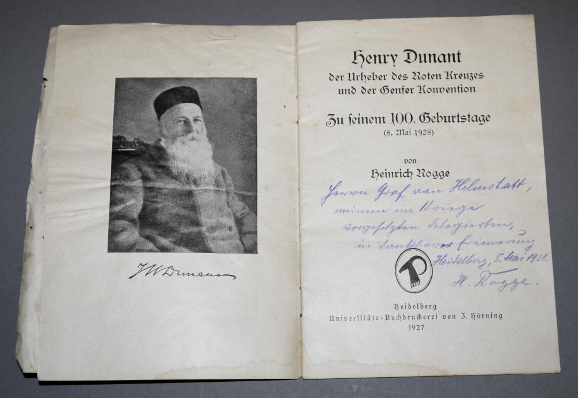 Heinrich Rogge, Henry Dunant…zu seinem 100. Geburtstage, mit Widmung und Autograph des Autors