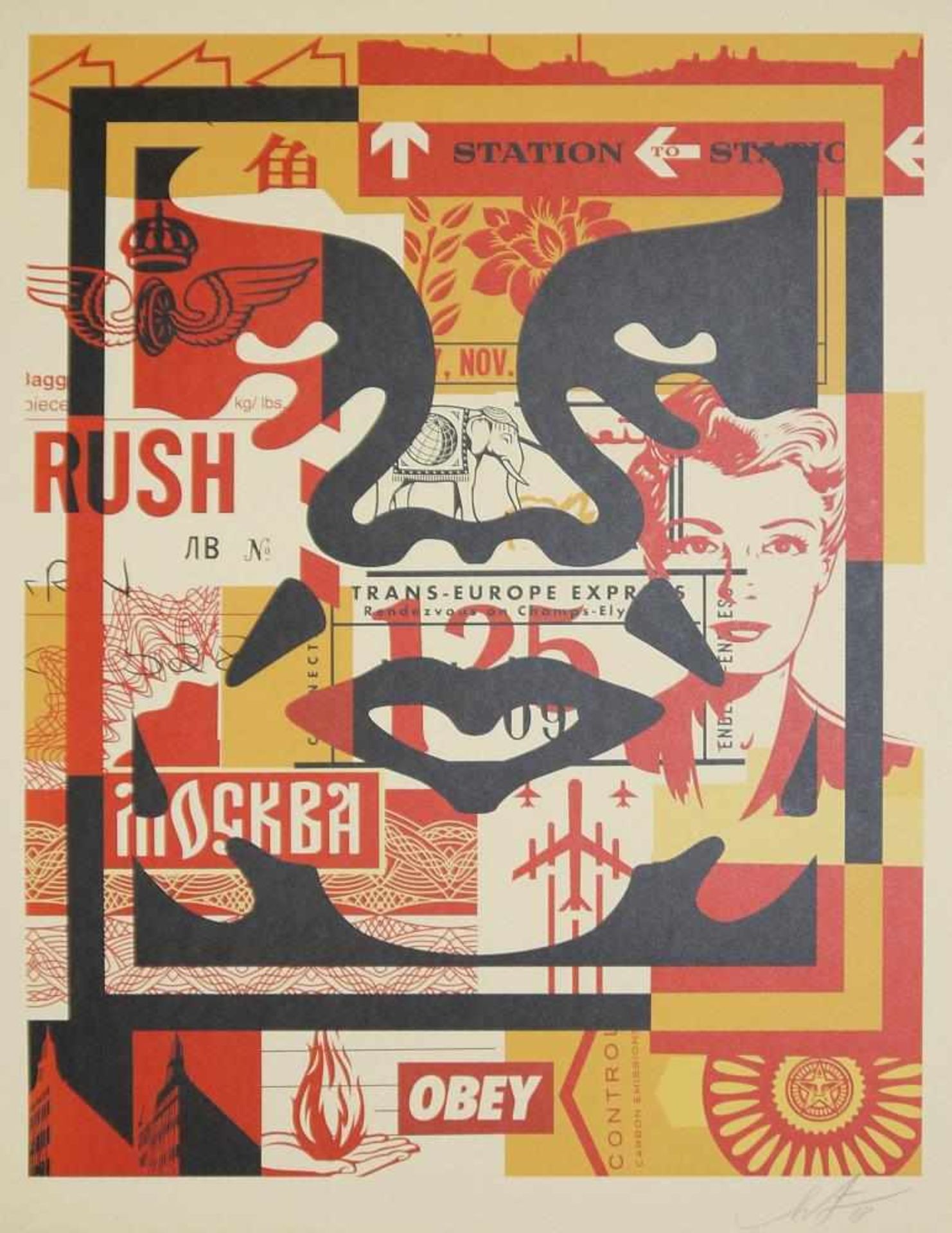 Shepard Fairey, Street Art Komposition mit „Obey“-Icon, signierte Farbserigraphie, o. Rahmen Shepard