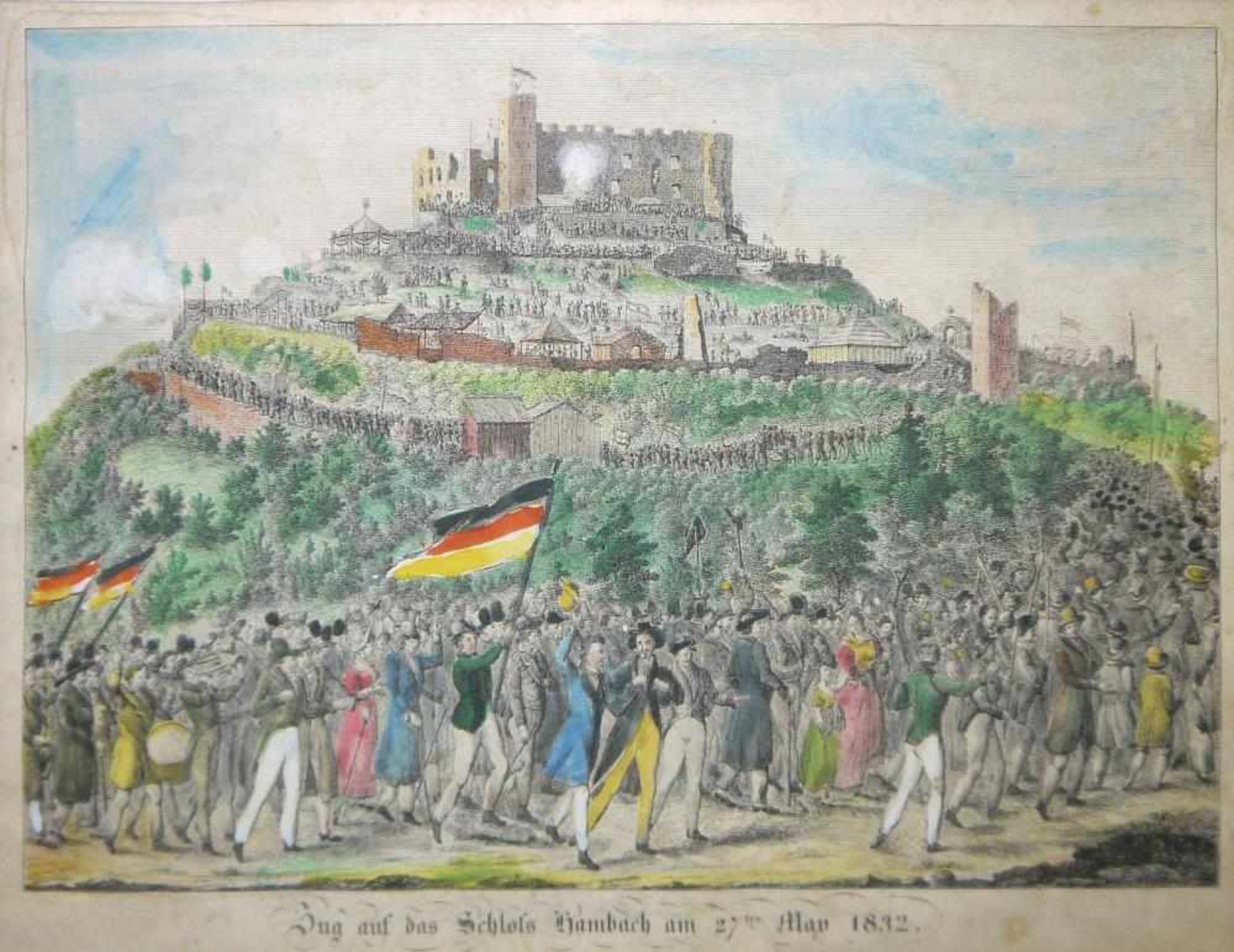 Der Zug auf das Hambacher Schloss am 27. Mai 1832, kolorierter Stahlstich, gerahmt, selten Am 27. - Image 2 of 2