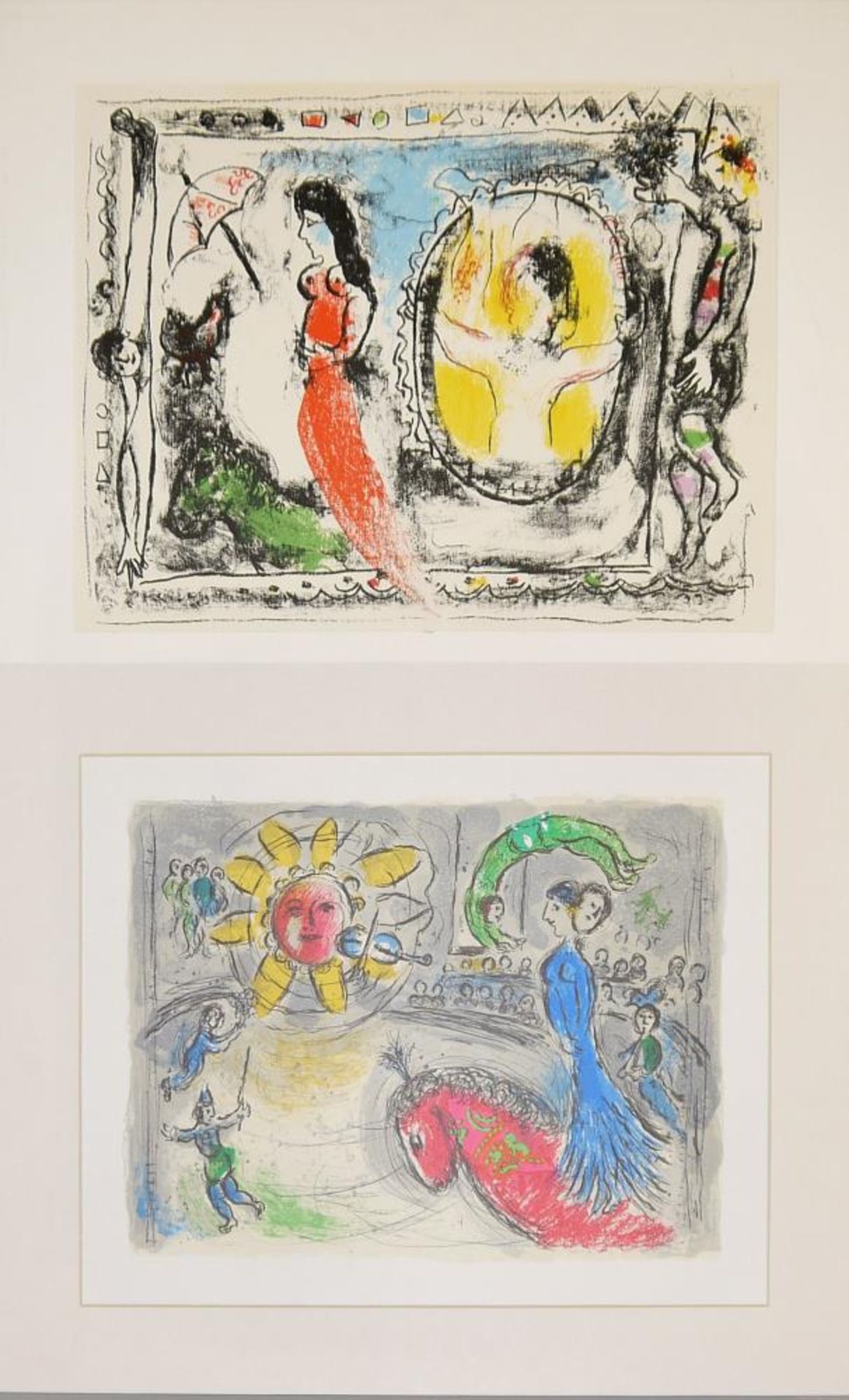 Marc Chagall, 2 Farblithographien aus DLM, „Hinter dem Spiegel“ von 1964 & „Soleil au cheval rouge“,