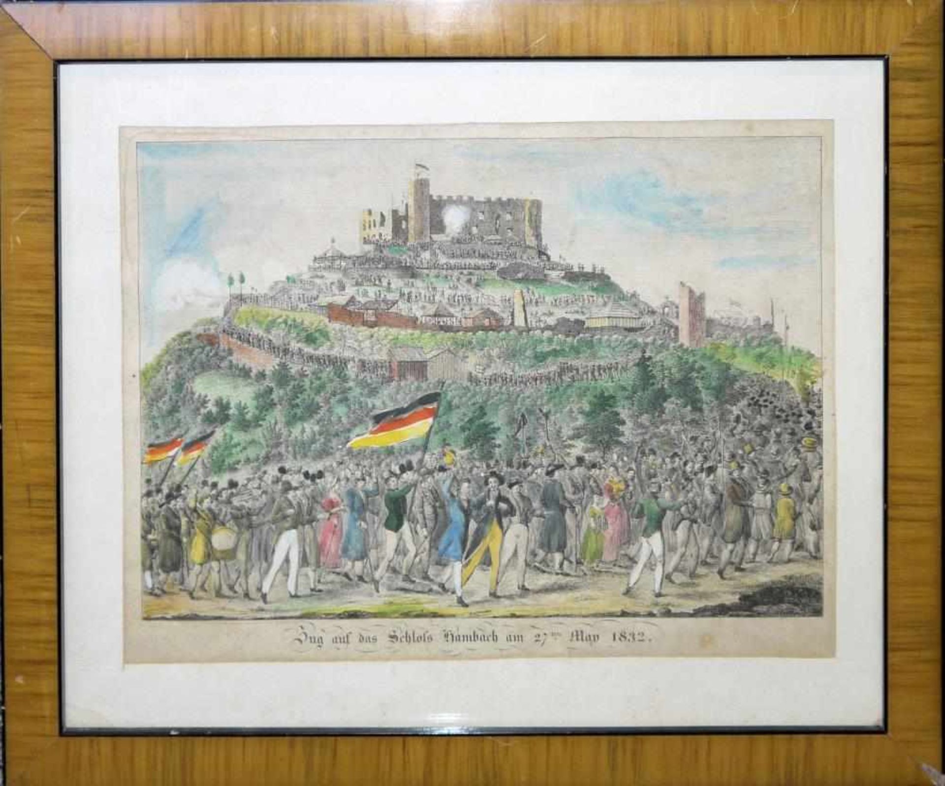 Der Zug auf das Hambacher Schloss am 27. Mai 1832, kolorierter Stahlstich, gerahmt, selten Am 27.