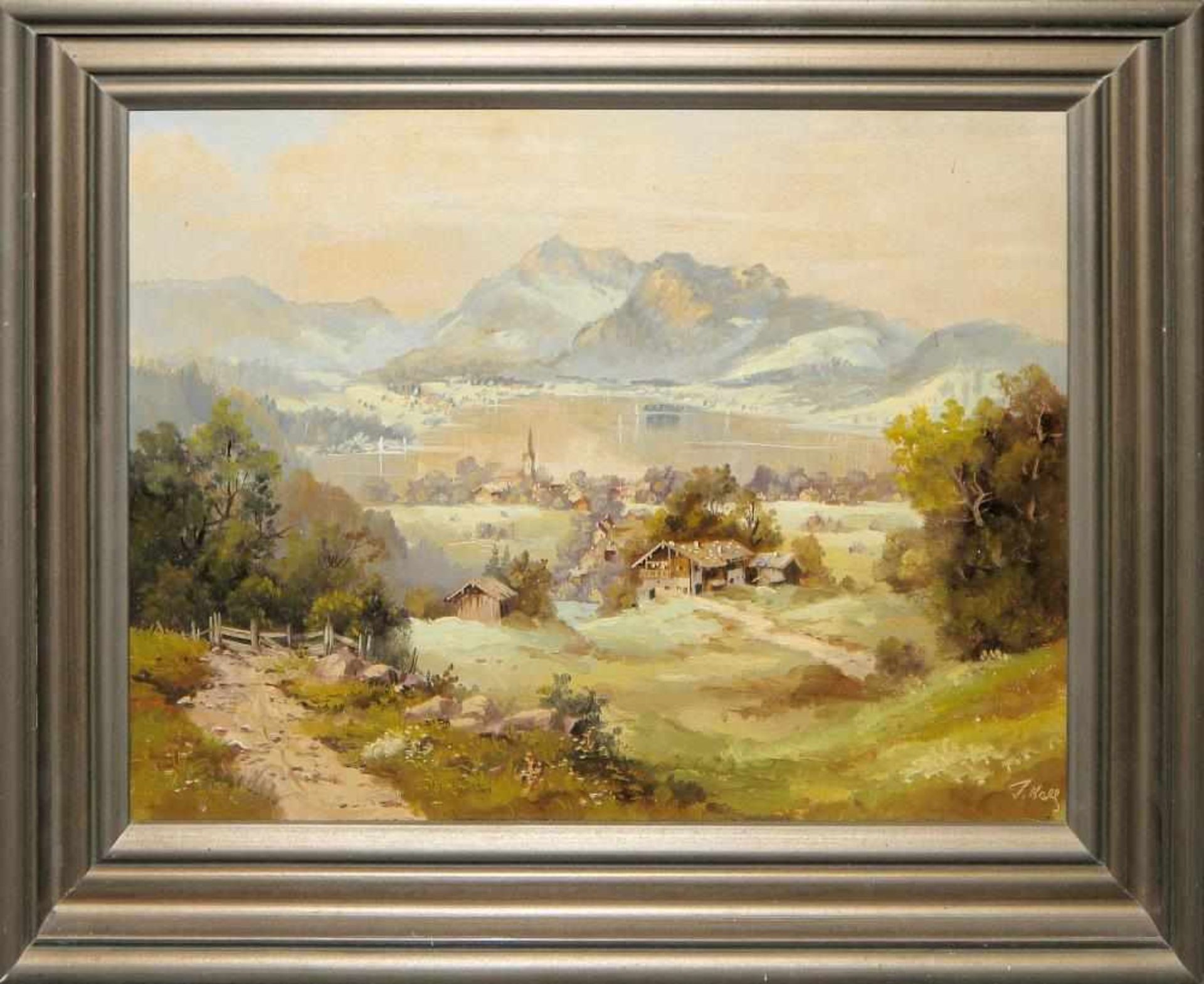 J. Helg, „Schliersee“, Ölgemälde, Goldrahmen J. Helg(?), Blick über den Schliersee auf die Alpen,