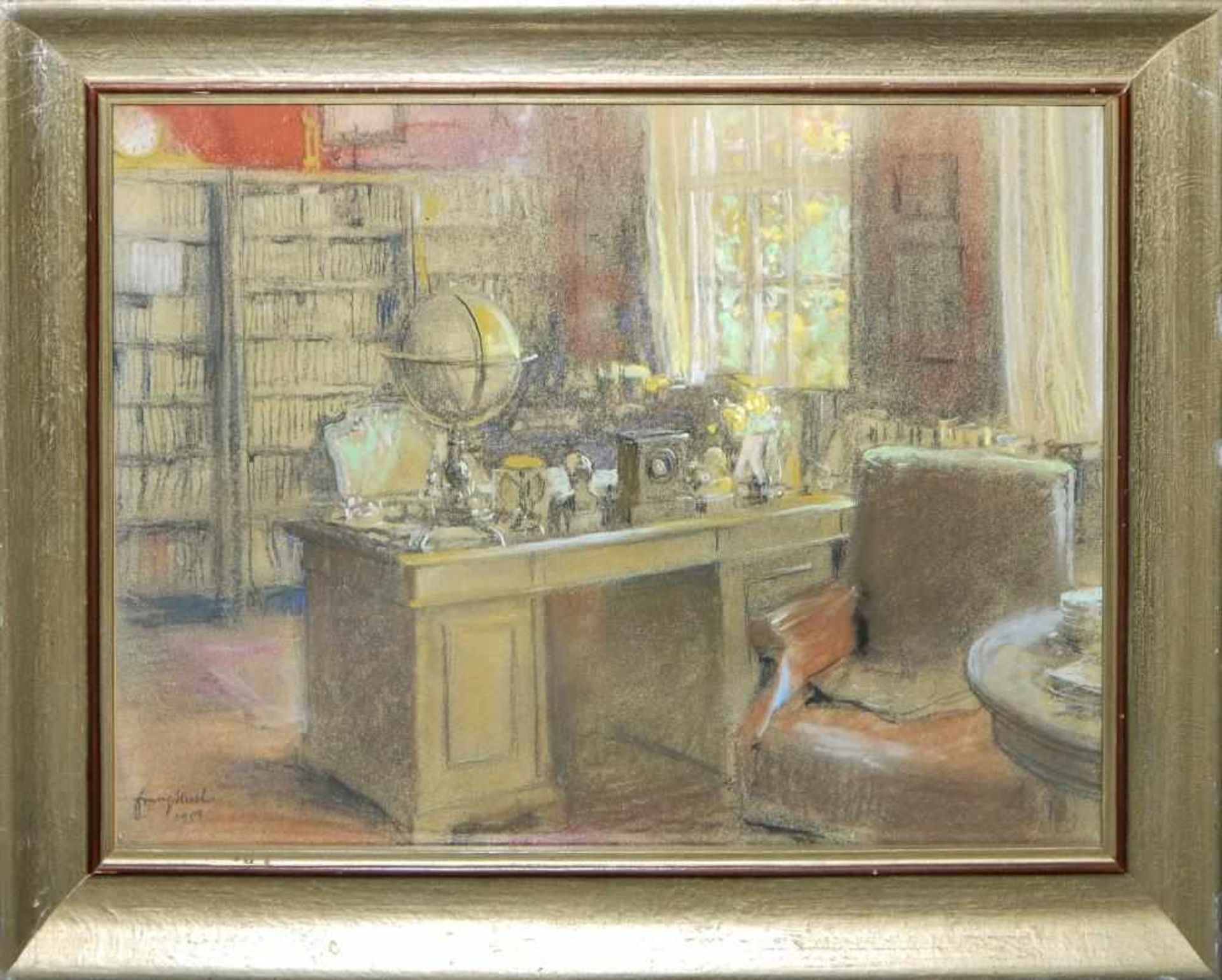 Franz Huth, Studierzimmer, Pastell von 1954 Franz Huth, 1876 – 1970, reich möbliertes