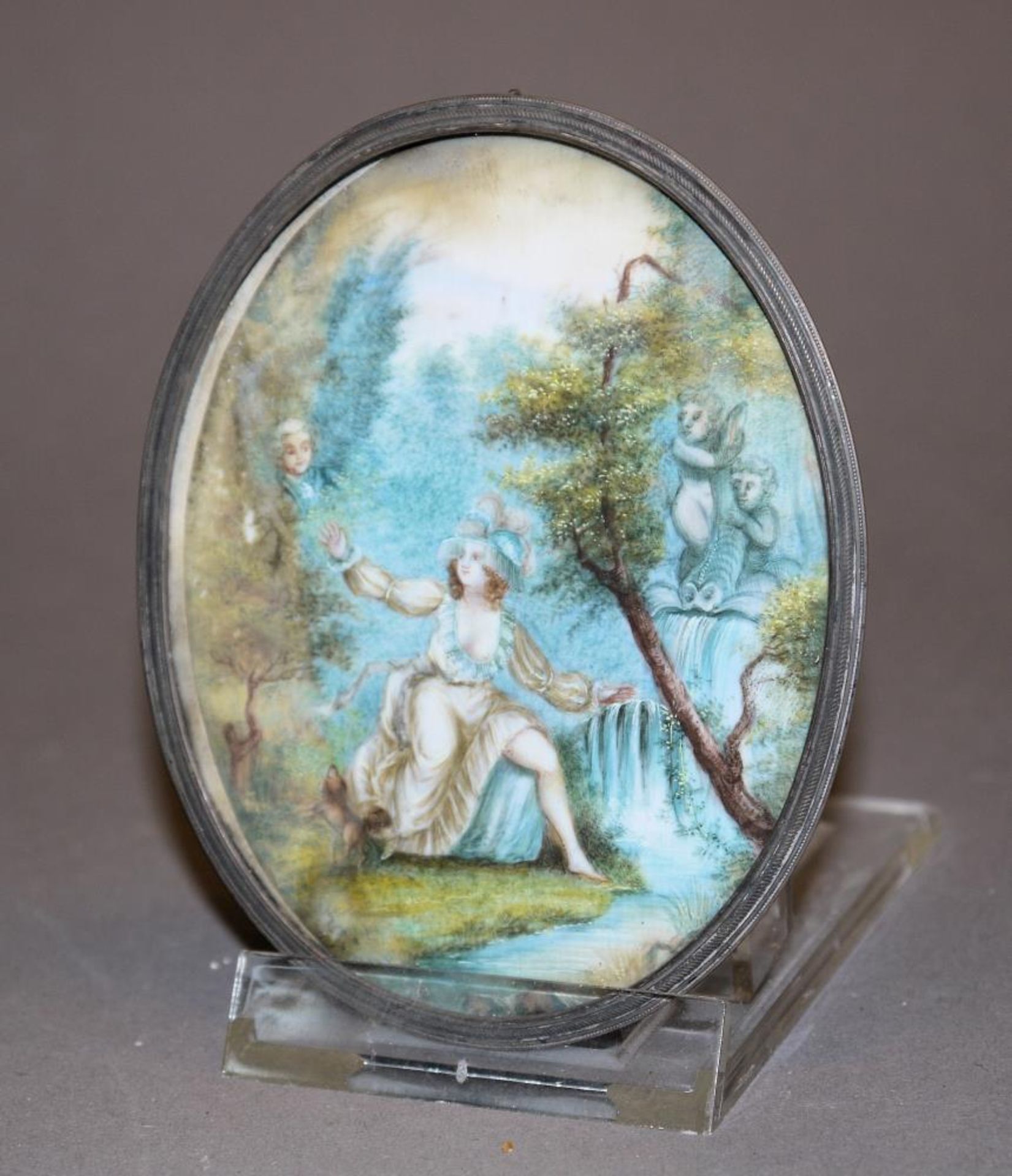 Erotische Miniatur, um 1780, gerahmt Erotische Szene, eine offenherzige Dame erwartet an einem