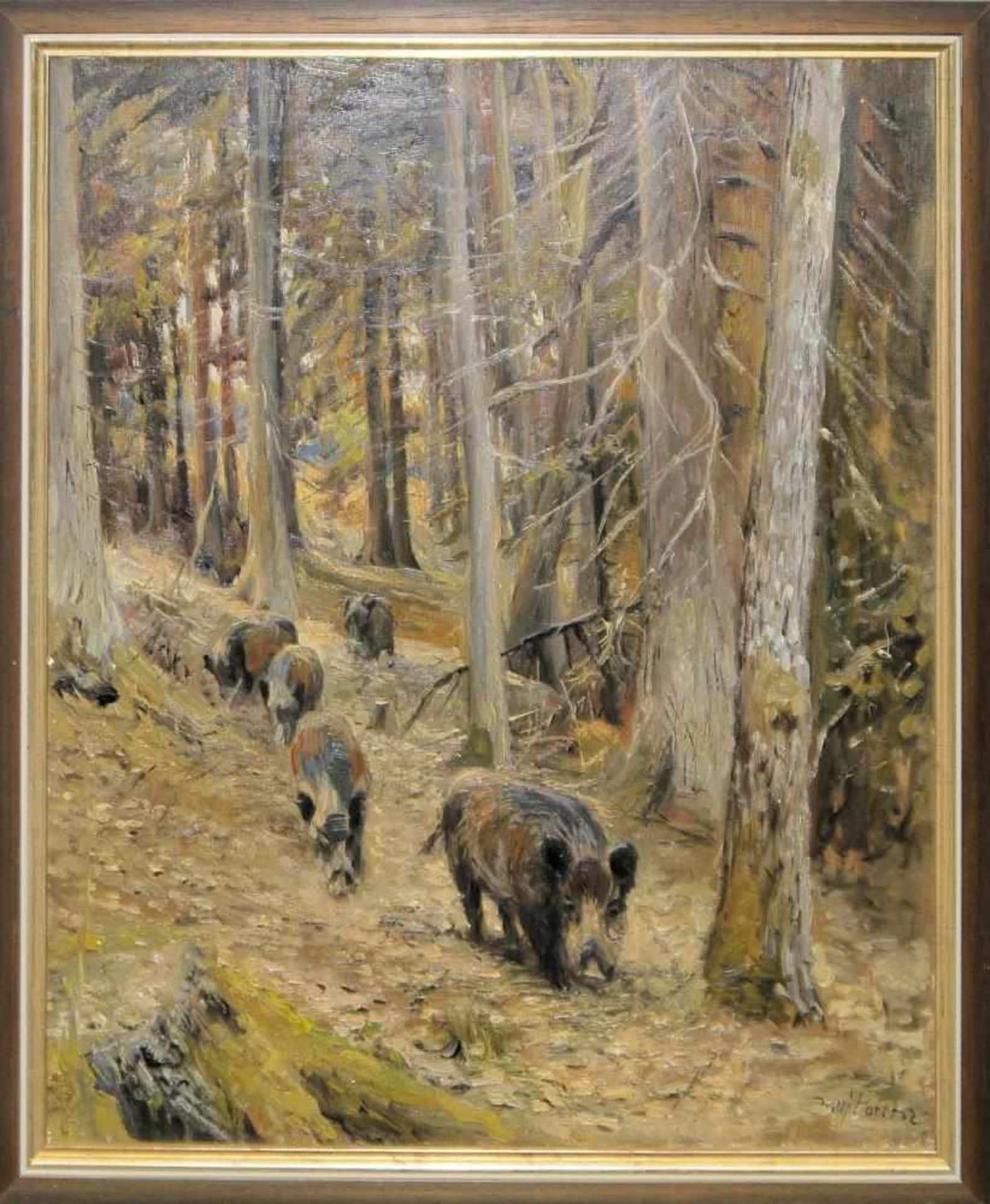 Willy Lorenz, Wildschweinrotte im Herbstwald, Ölgemälde, gerahmt Willy Lorenz, 1901 – Köln – 1981,